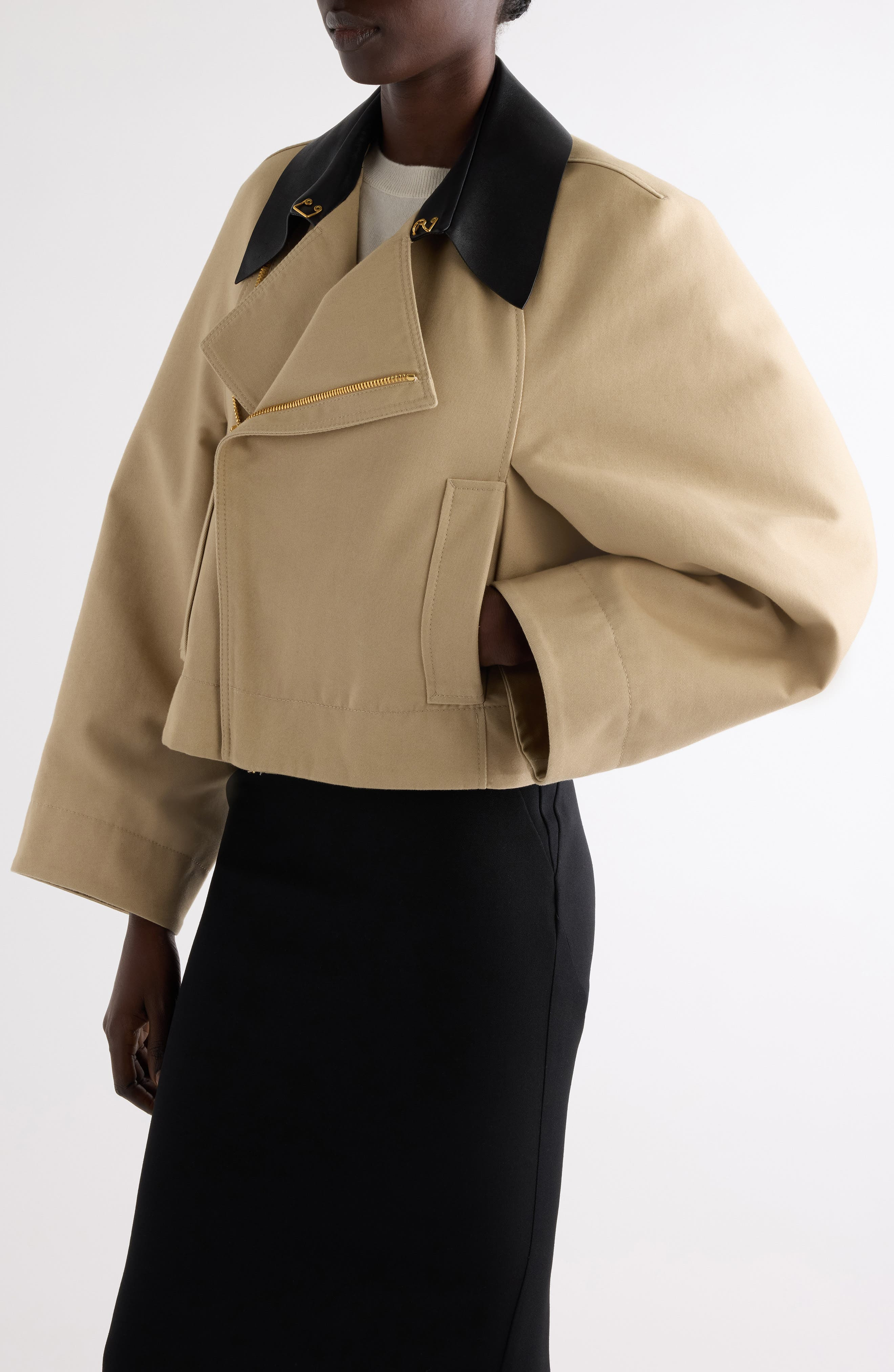 Givenchy Leather Collar Gabardine Crop Trench Jacket in Beige at Nordstrom - 6