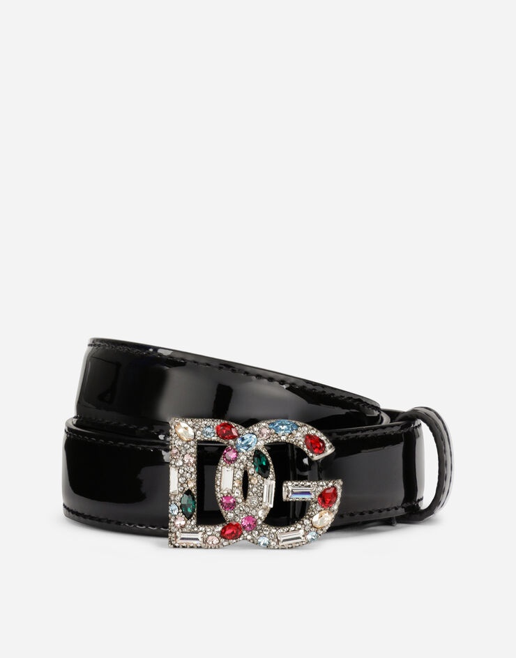 Patent leather belt with crystal-detailed DG logo - 1