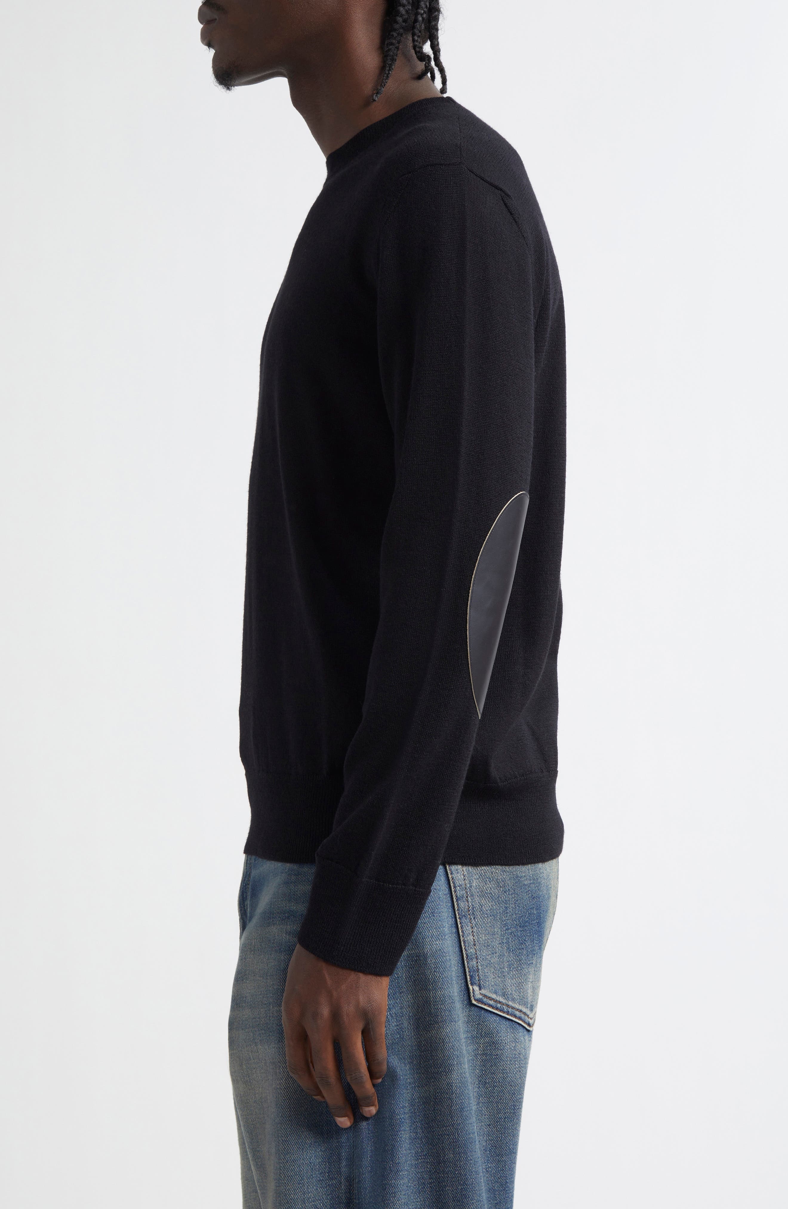 MM6 Maison Margiela Leather Elbow Patch Crewneck Sweater in Black at Nordstrom - 4