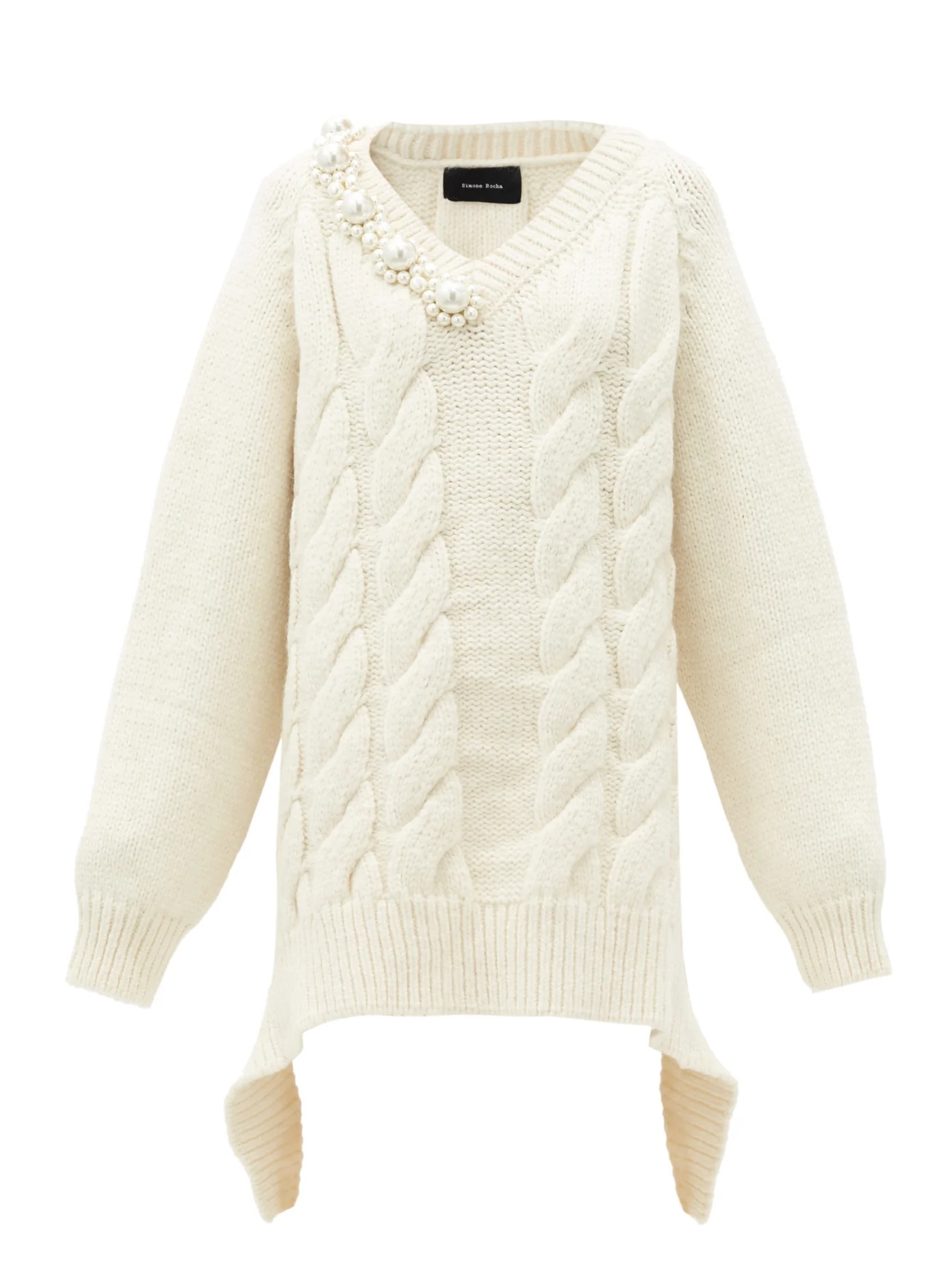 Pearl-embellished oversized cable-knit sweater - 1