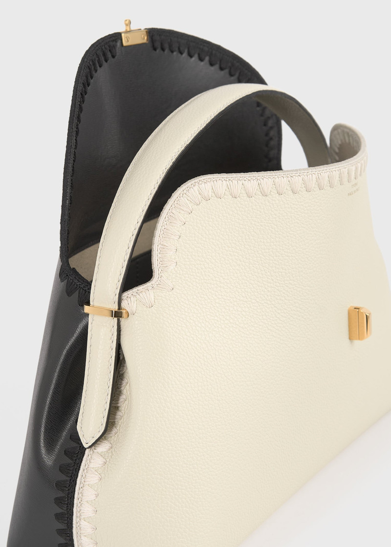 T-lock embroidered leather top handle black/milk 8