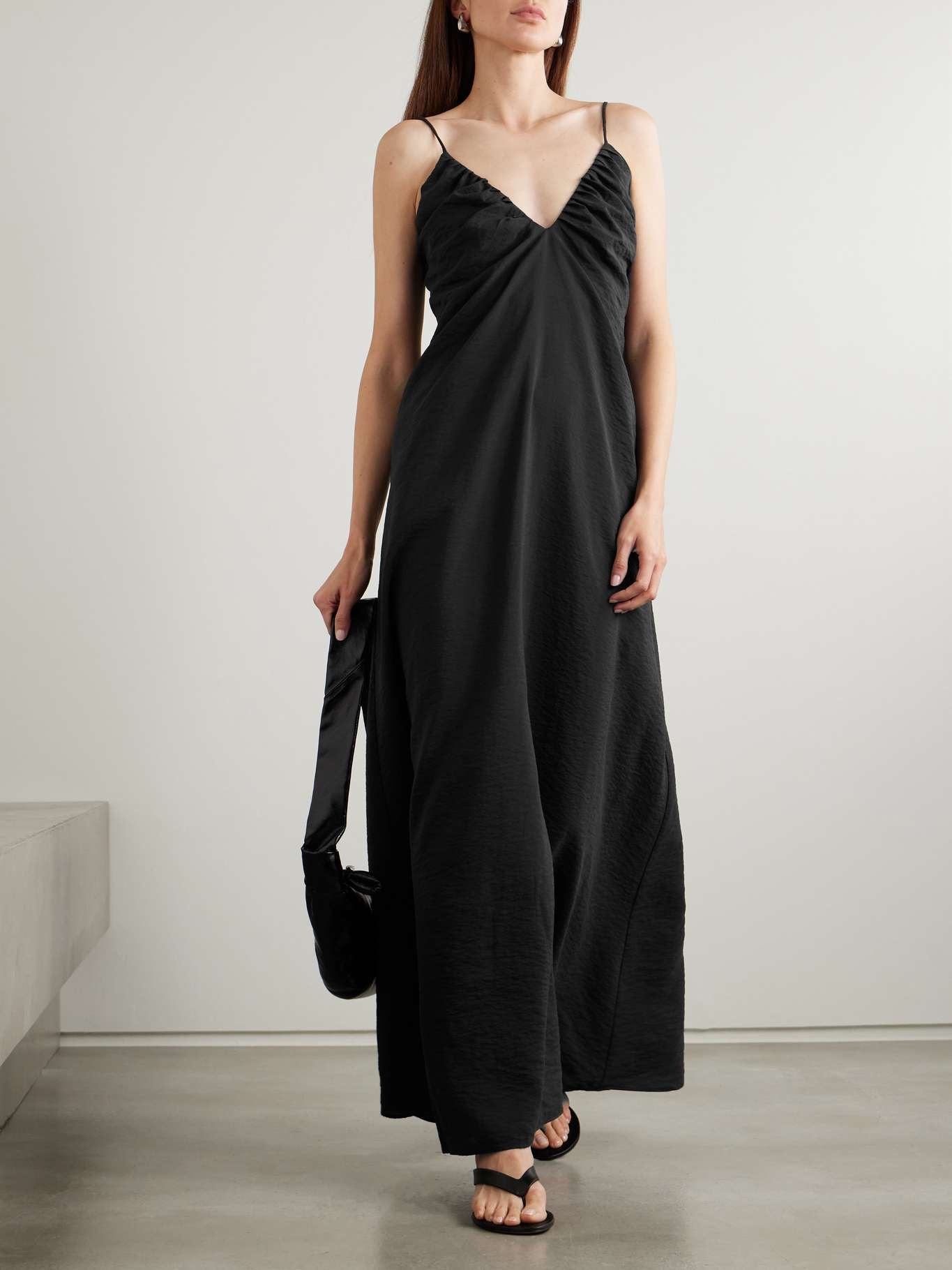 Gathered open-back silk-blend crepe maxi dress Black - 2