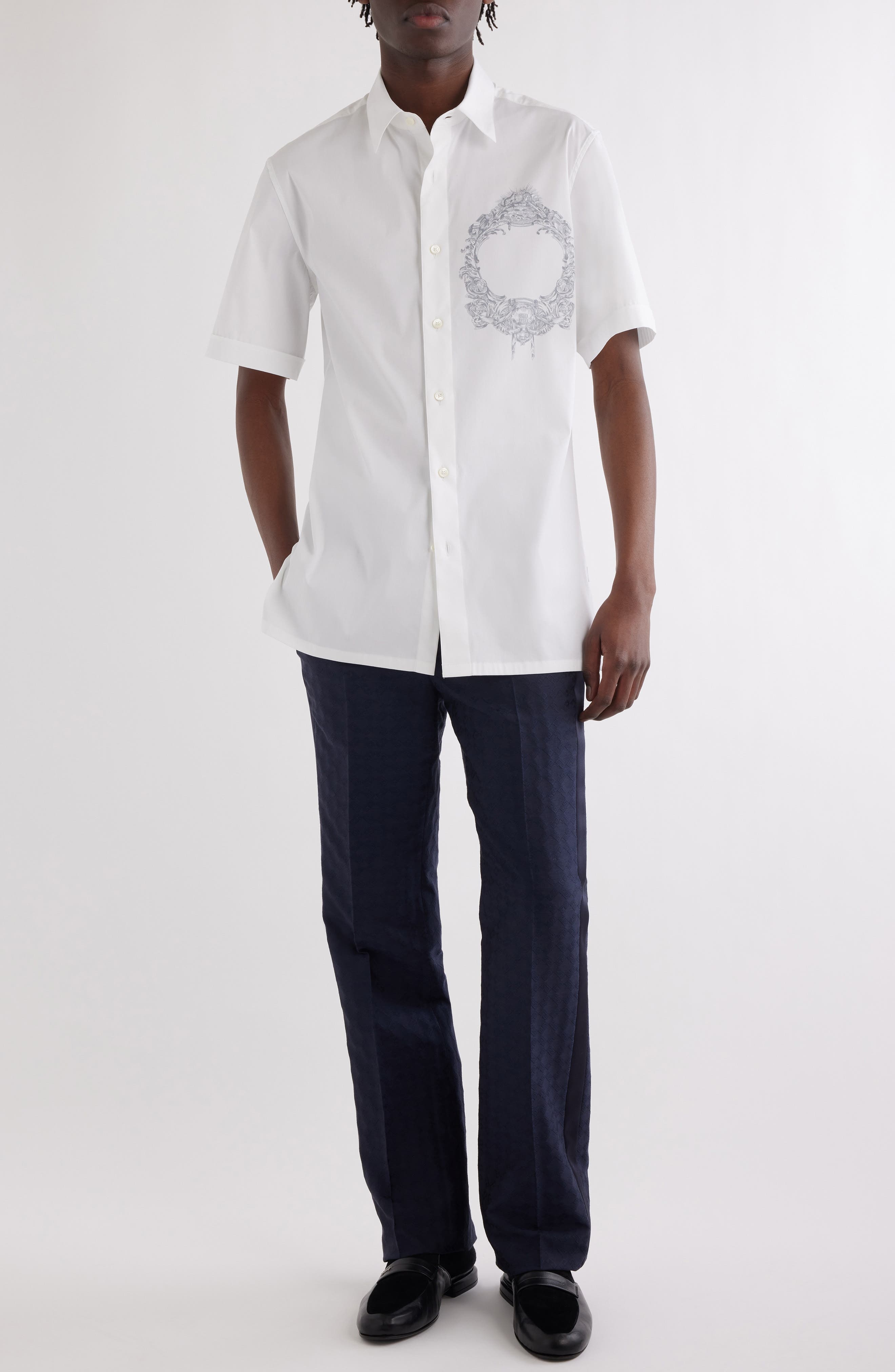 Givenchy Military Short Sleeve Cotton Blend Button-Up Shirt in White at Nordstrom - 2