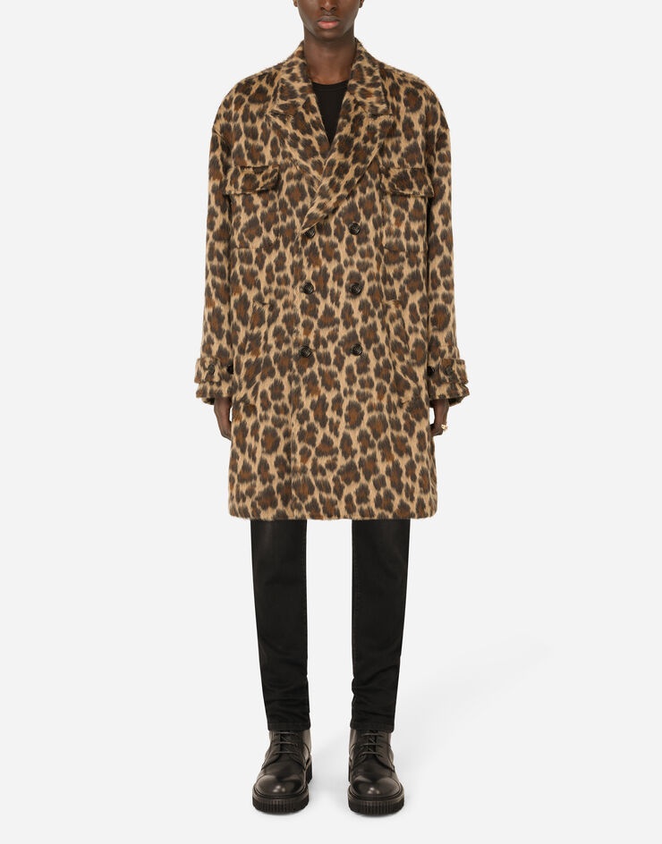 Double-breasted wool jacquard coat with leopard design - 1