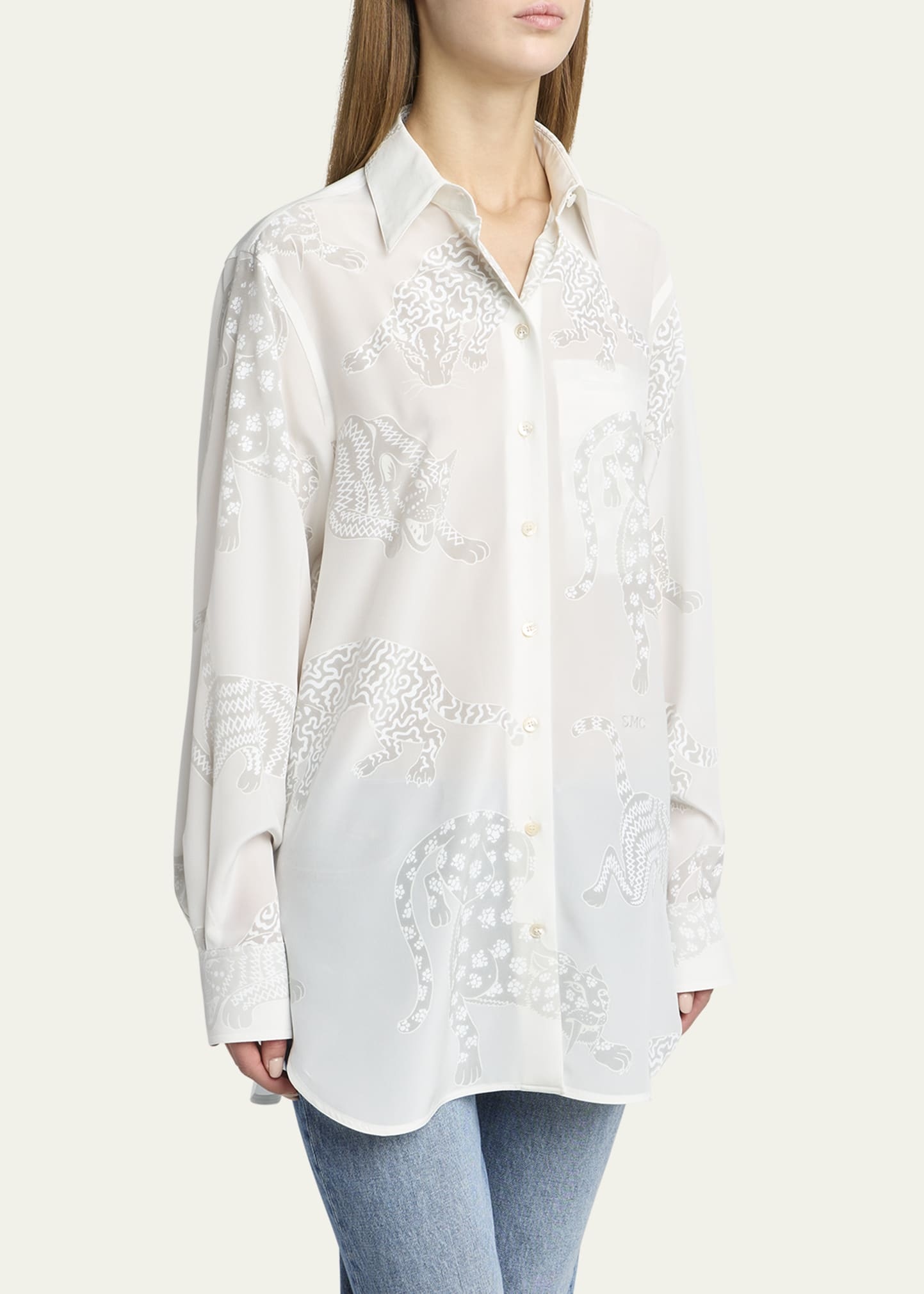 Cat Burnout Button Down Silk Blouse - 4