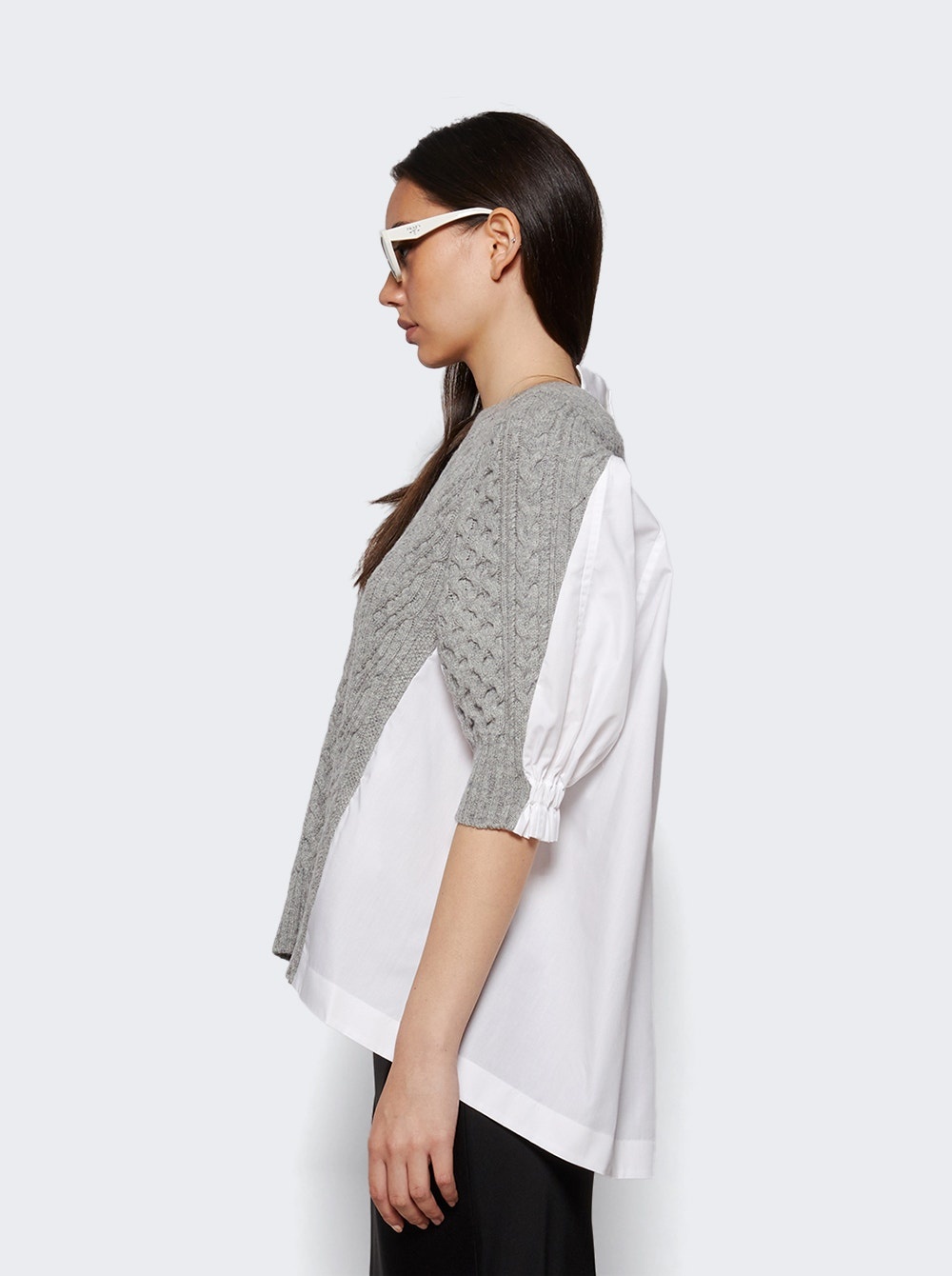 Wool Knit X Cotton Poplin Pullover Light Grey And Off White - 3