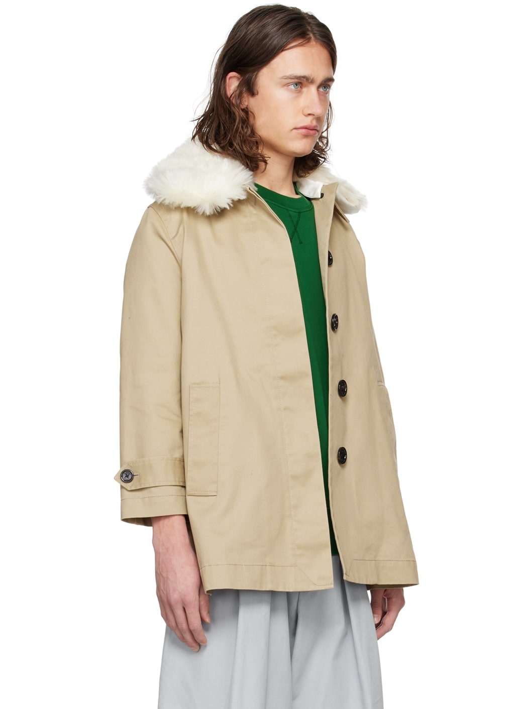 Beige Faux-Fur Trim Coat - 2