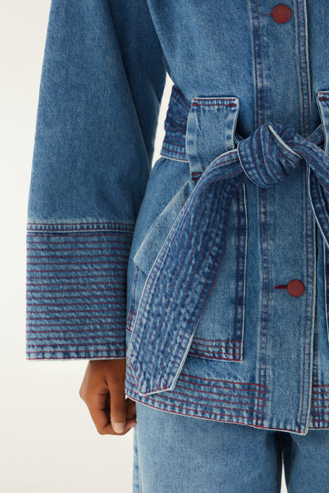 Denim Collared Belted Trench Coat - 5
