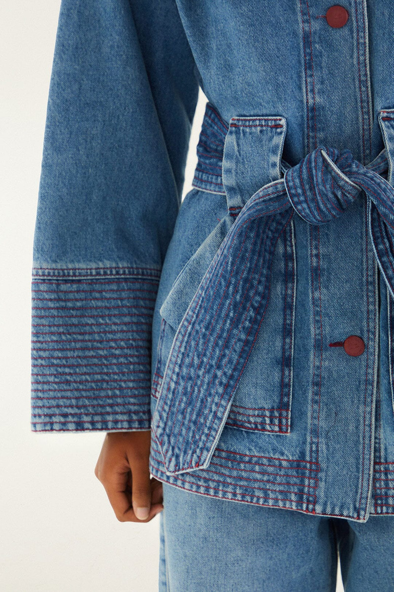 Denim Collared Belted Trench Coat 5