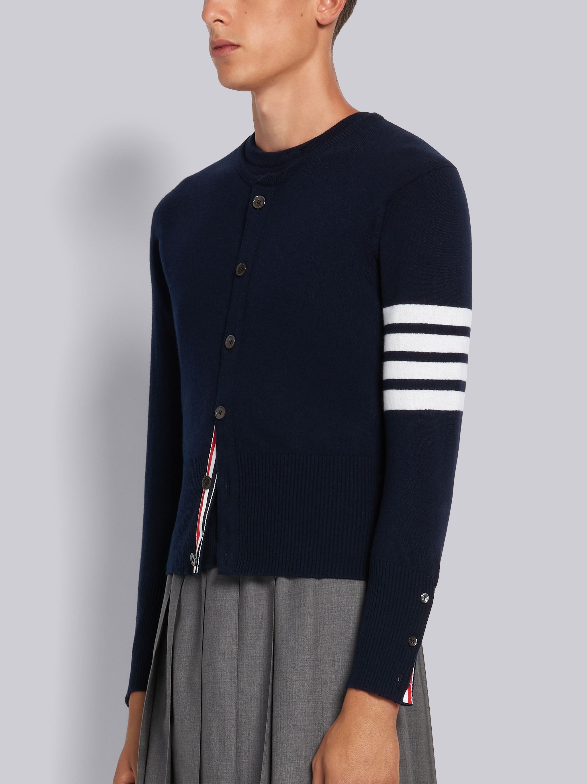 Navy Cashmere Classic 4-Bar Crewneck Cardigan - 2