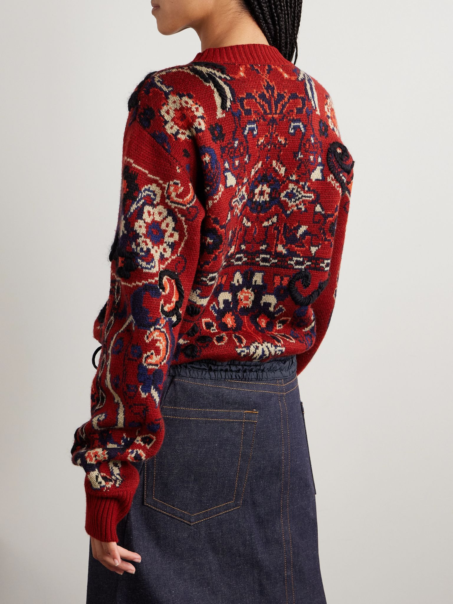 Shell-trimmed embroidered jacquard-knit wool sweater Red - 3