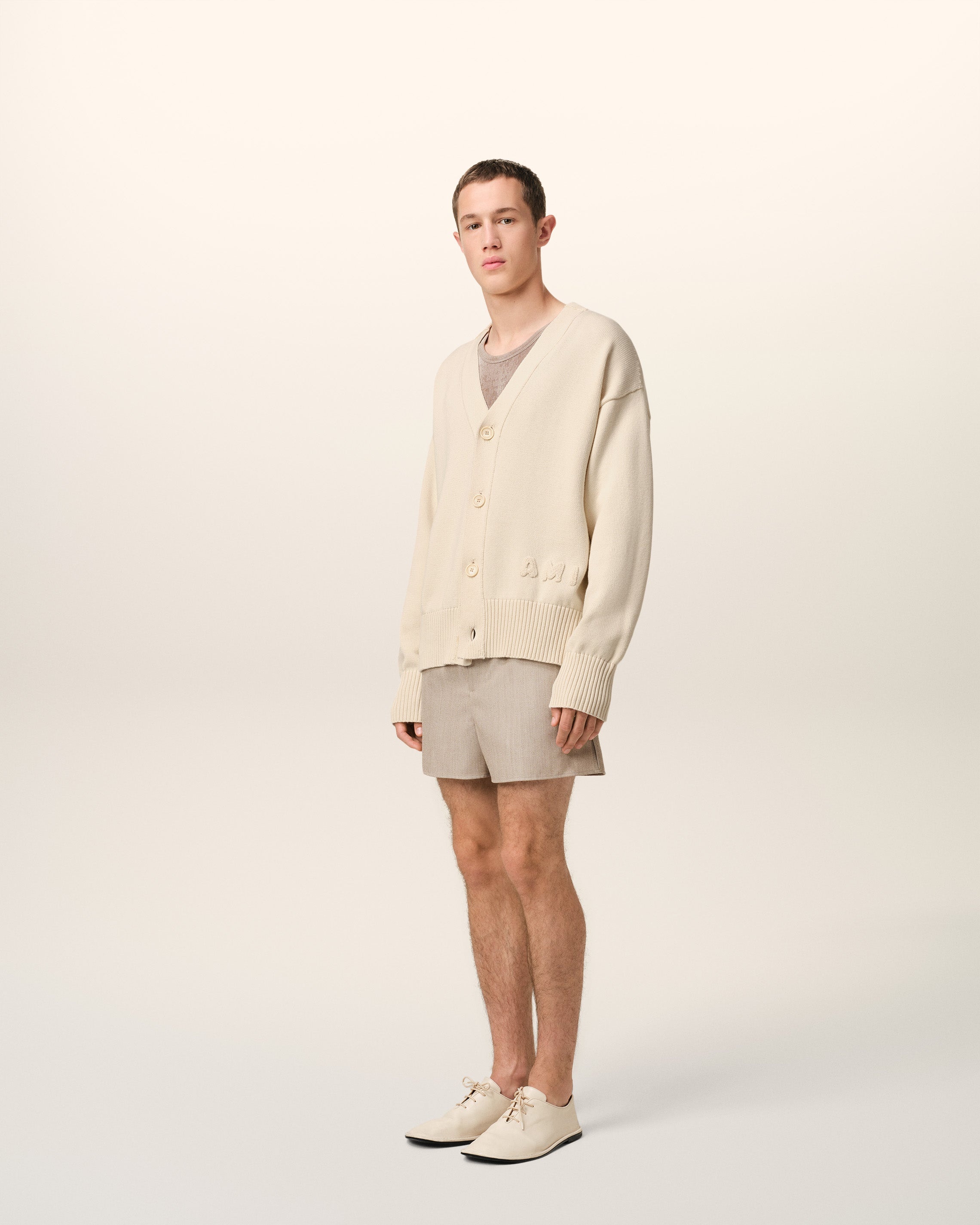 BEIGE COTTON WOOL AMI EMBROIDERED CARDIGAN - 6