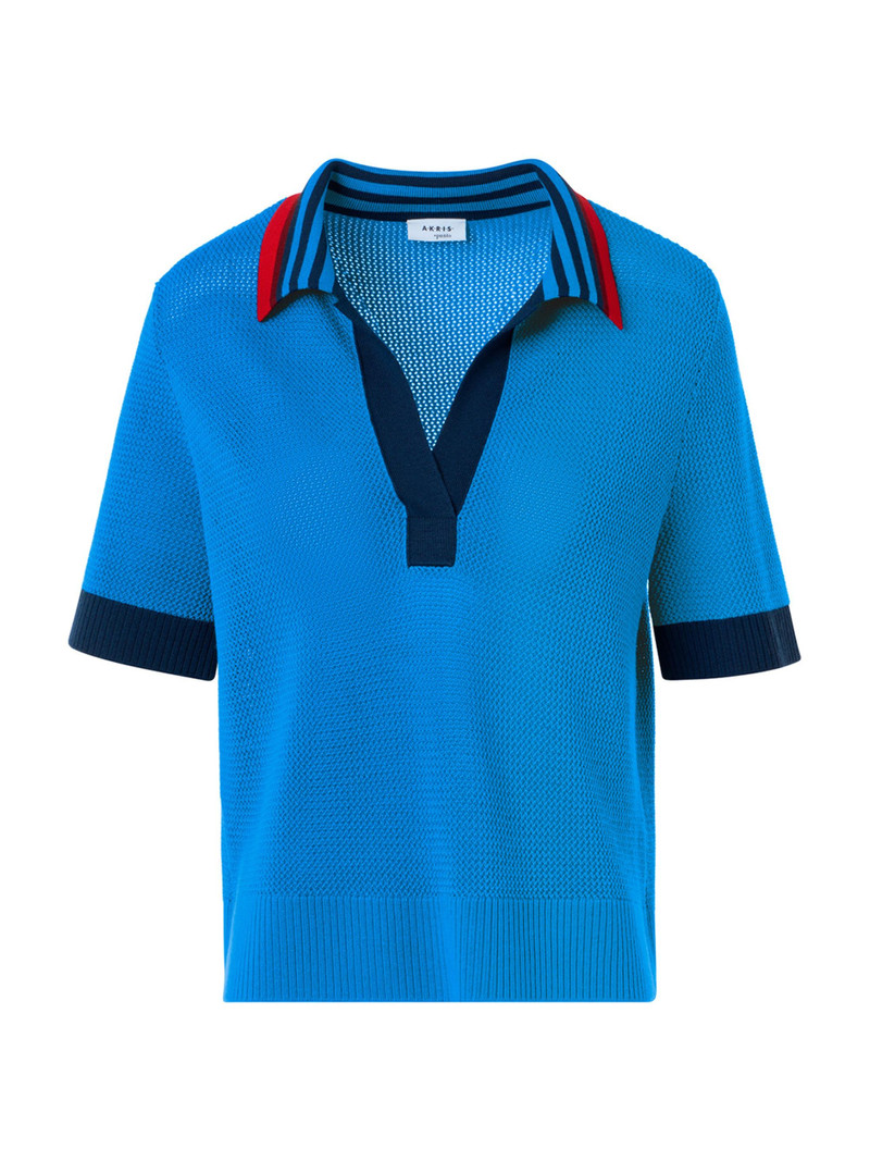 Women's Tipped Wool Polo Top - Cobalt Blue Multi 1