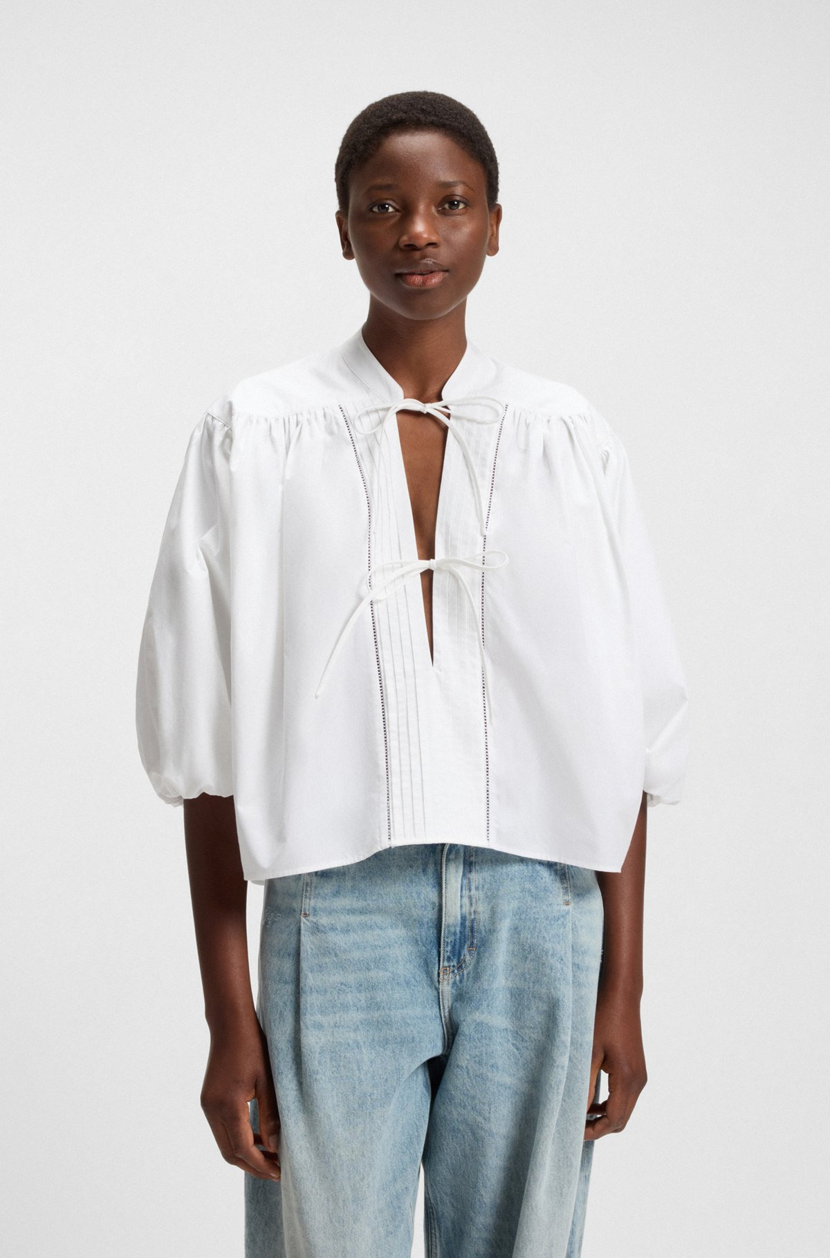 RELAXED-FIT BLOUSE IN COTTON POPLIN WITH TIE NECKLINE - 2