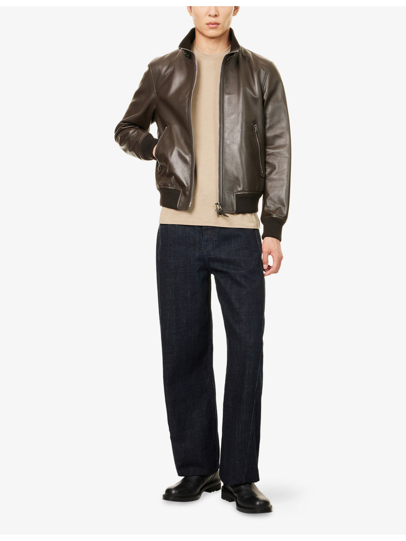 TOM FORD Shiny Ribbed-Trim Leather Bomber Jacket outlook