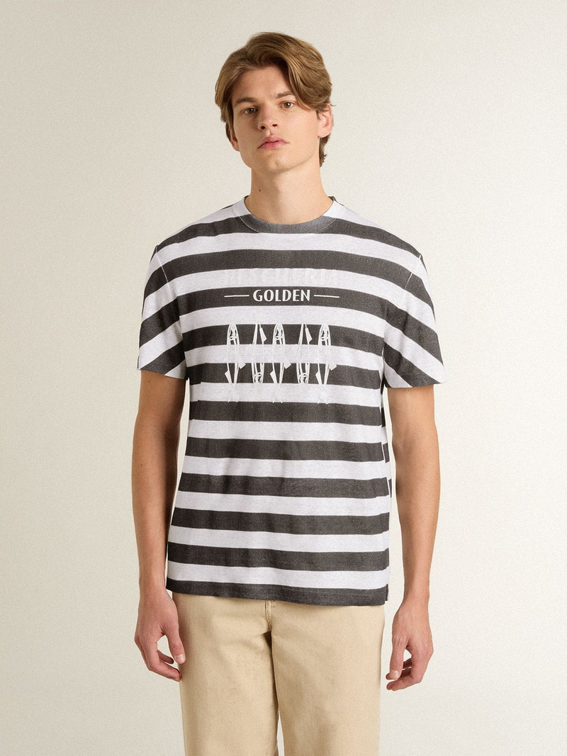 Golden Goose Men's white and blue striped T-shirt with Pescheria Golden print outlook