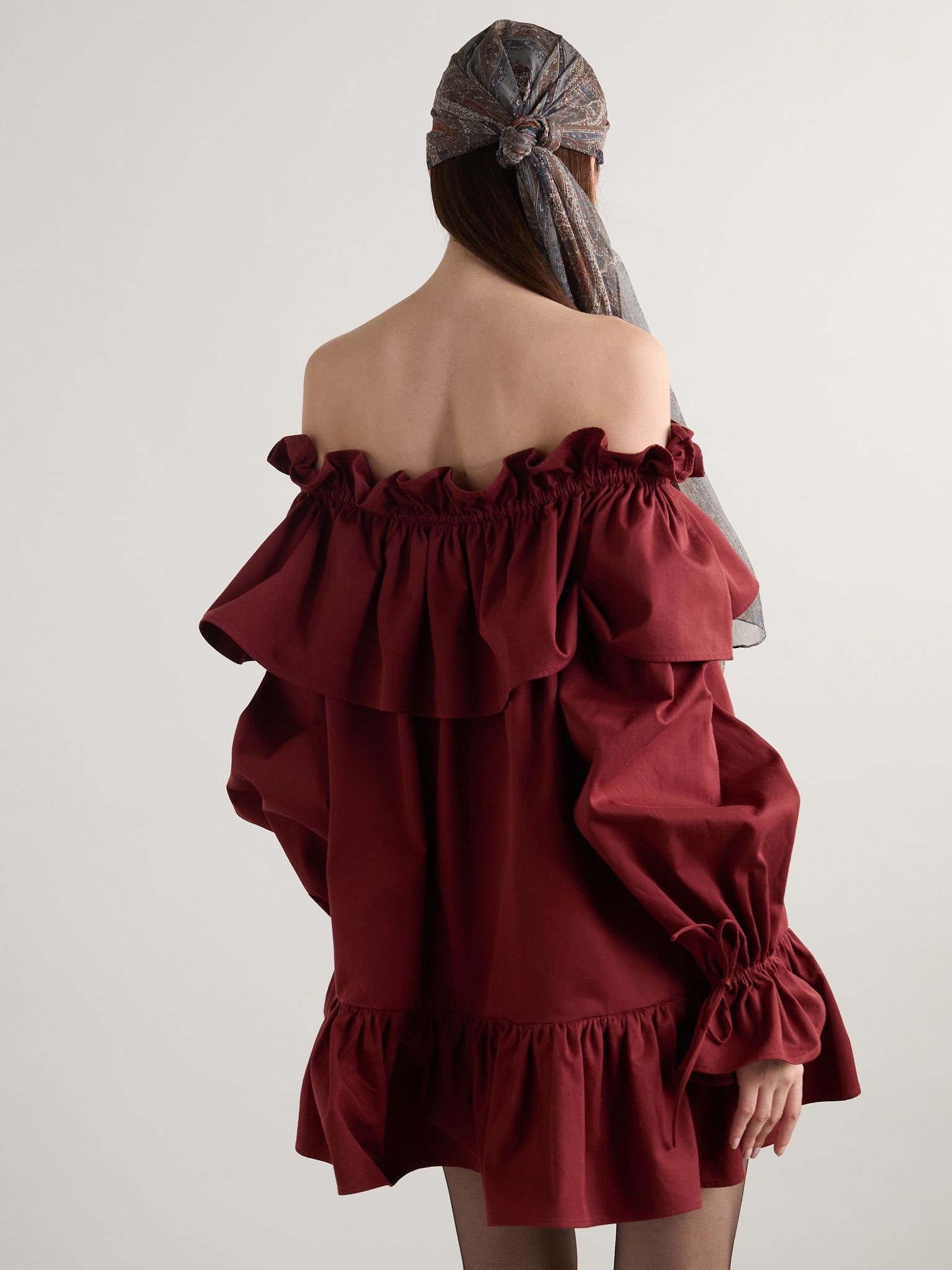 Off-the-shoulder ruffled cotton-twill mini dress Red - 3