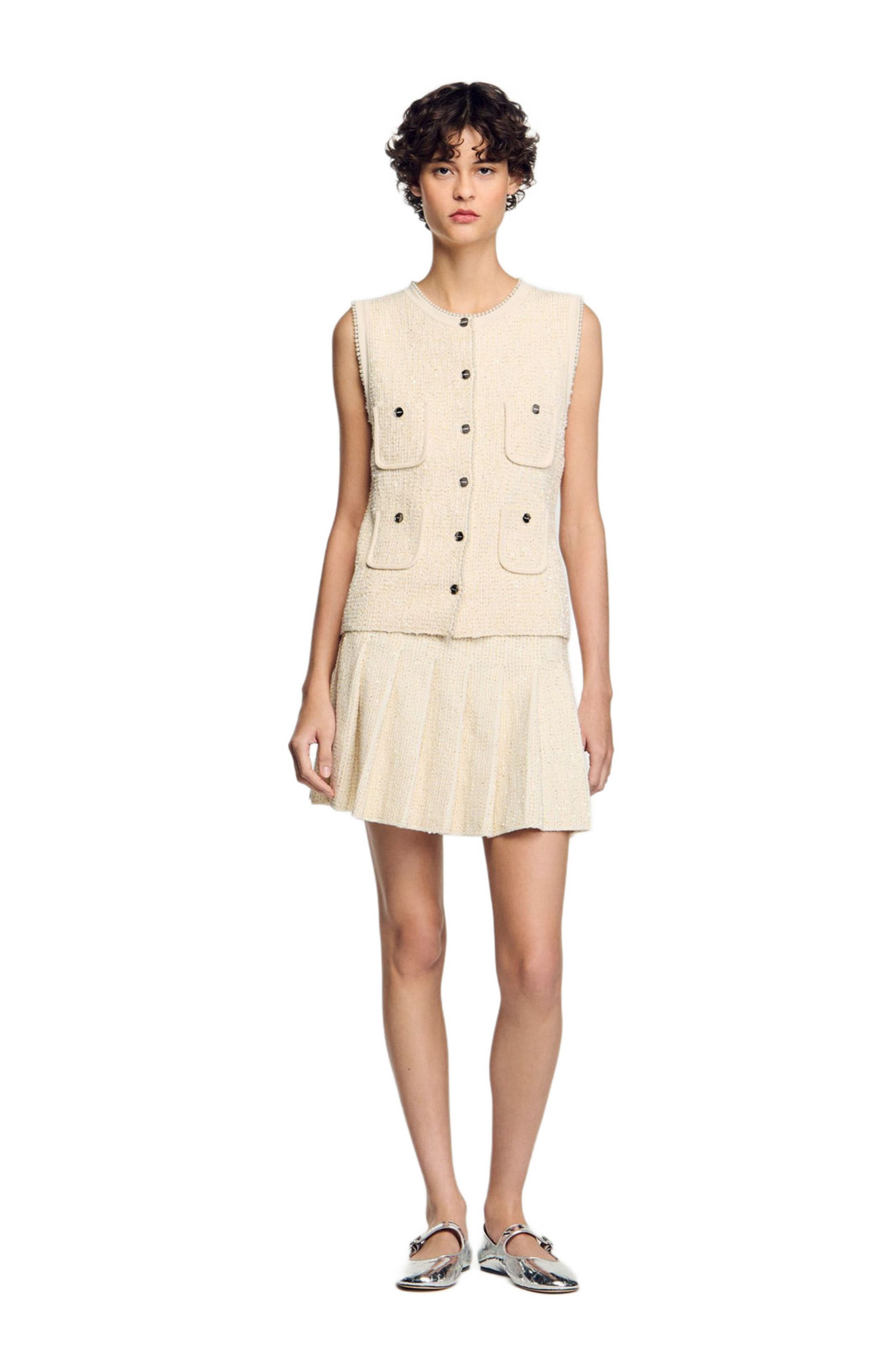 SANDRO Short tweed pleated skirt in Ecru at Nordstrom - 6