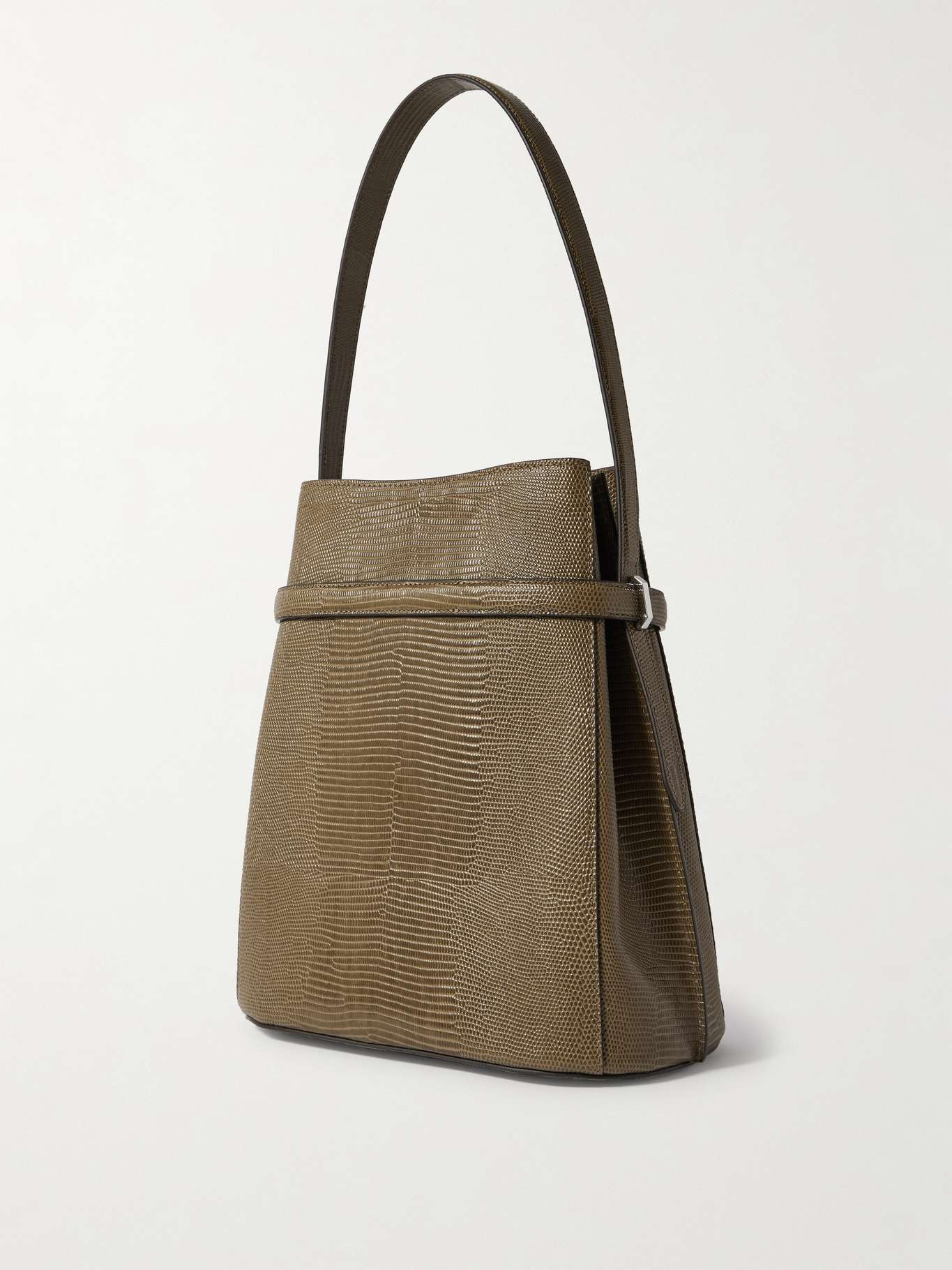Belted lizard-effect leather tote Dark green - 3