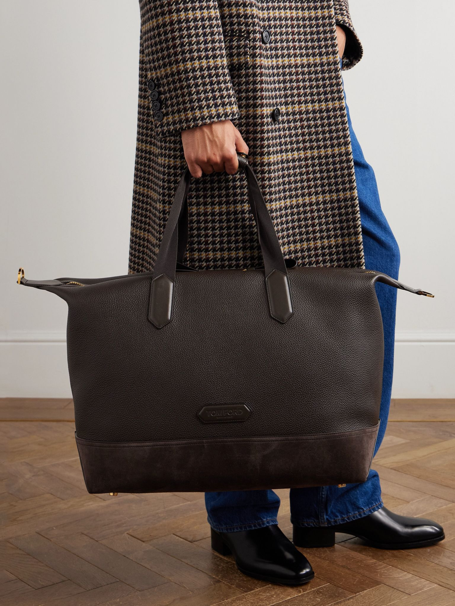 Suede-Trimmed Full-Grain Leather Weekend Bag Brown - 6