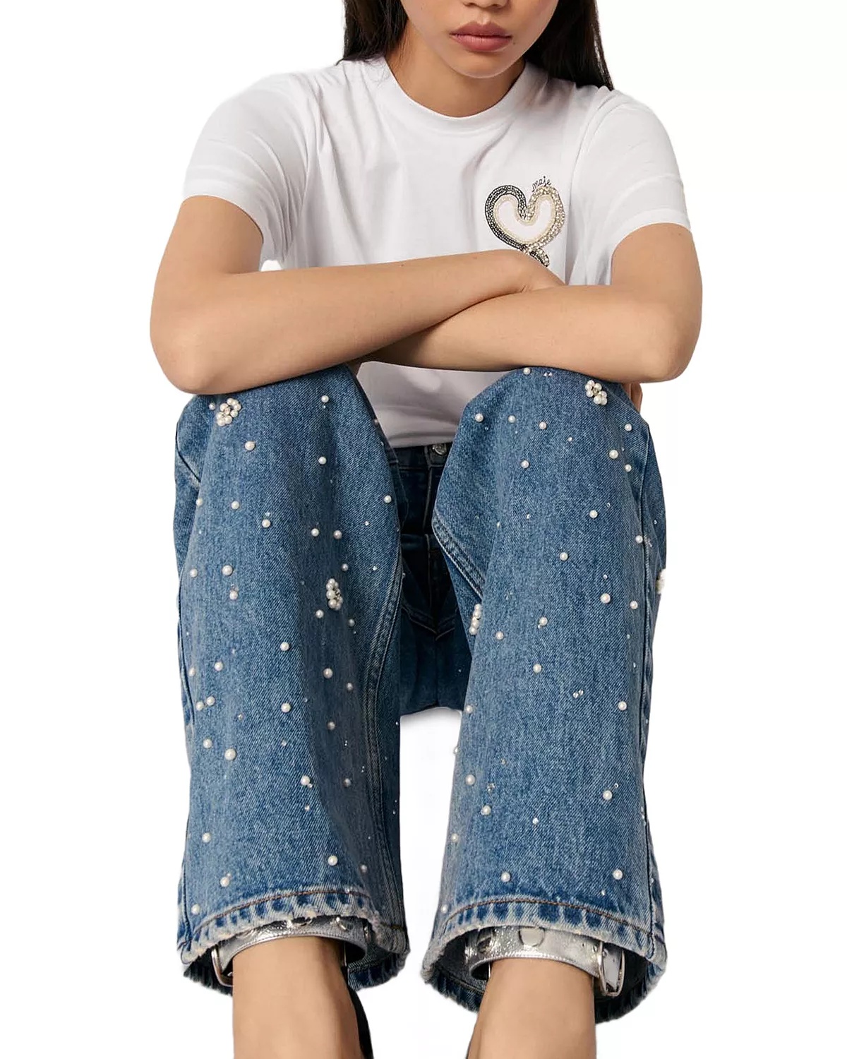 Embellished High Rise Wide Leg Jeans in Blue - 8