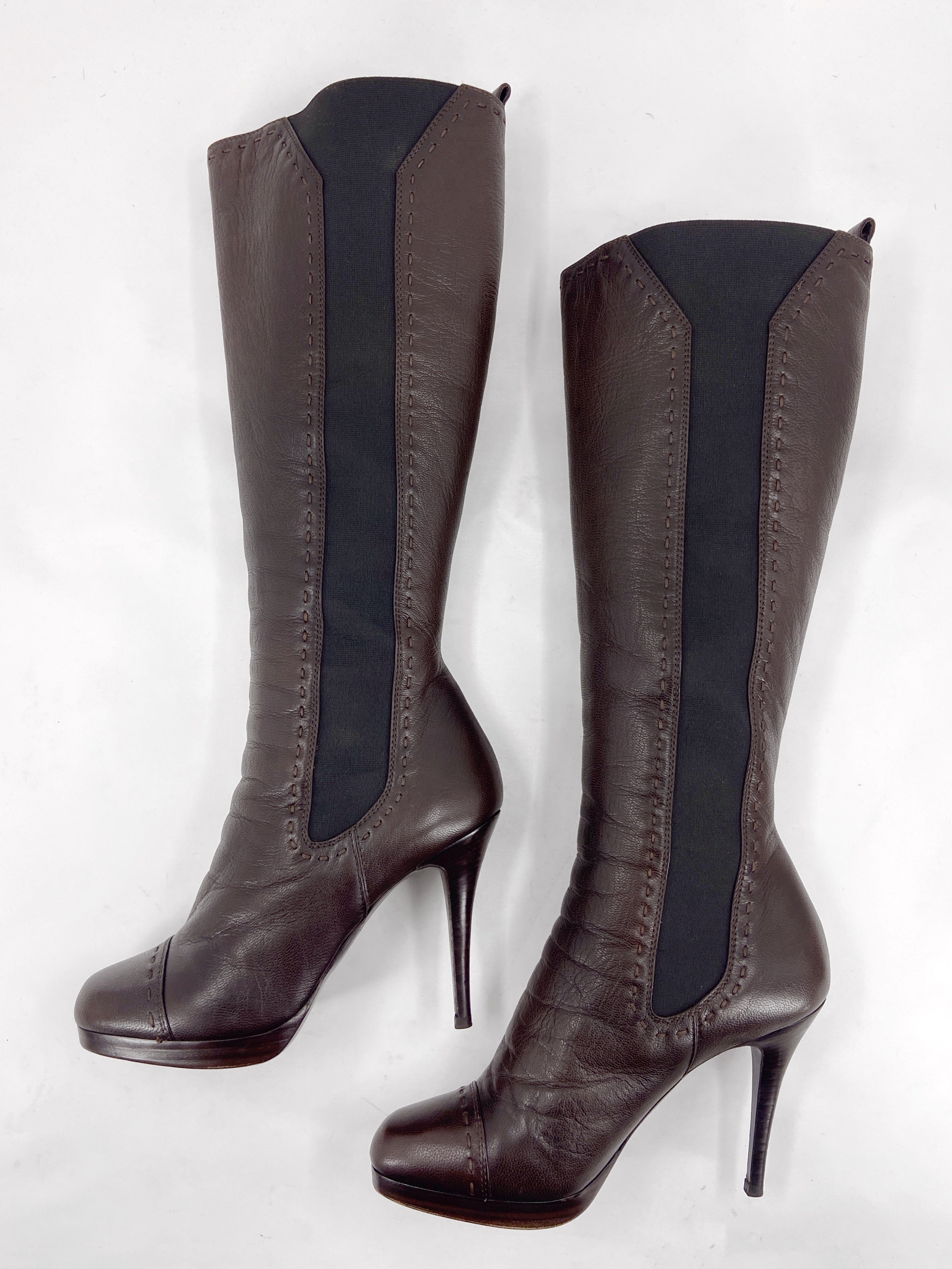 Yves Saint Laurent Rive Gauche Tom Ford Shearling Brown Heeled Stiletto Long Boots 37.5 - 2