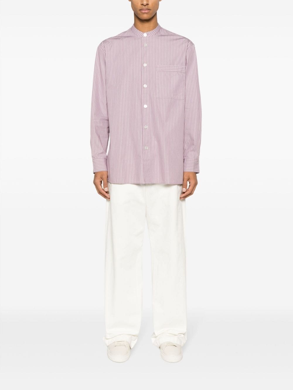stripe-pattern collarless shirt - 2