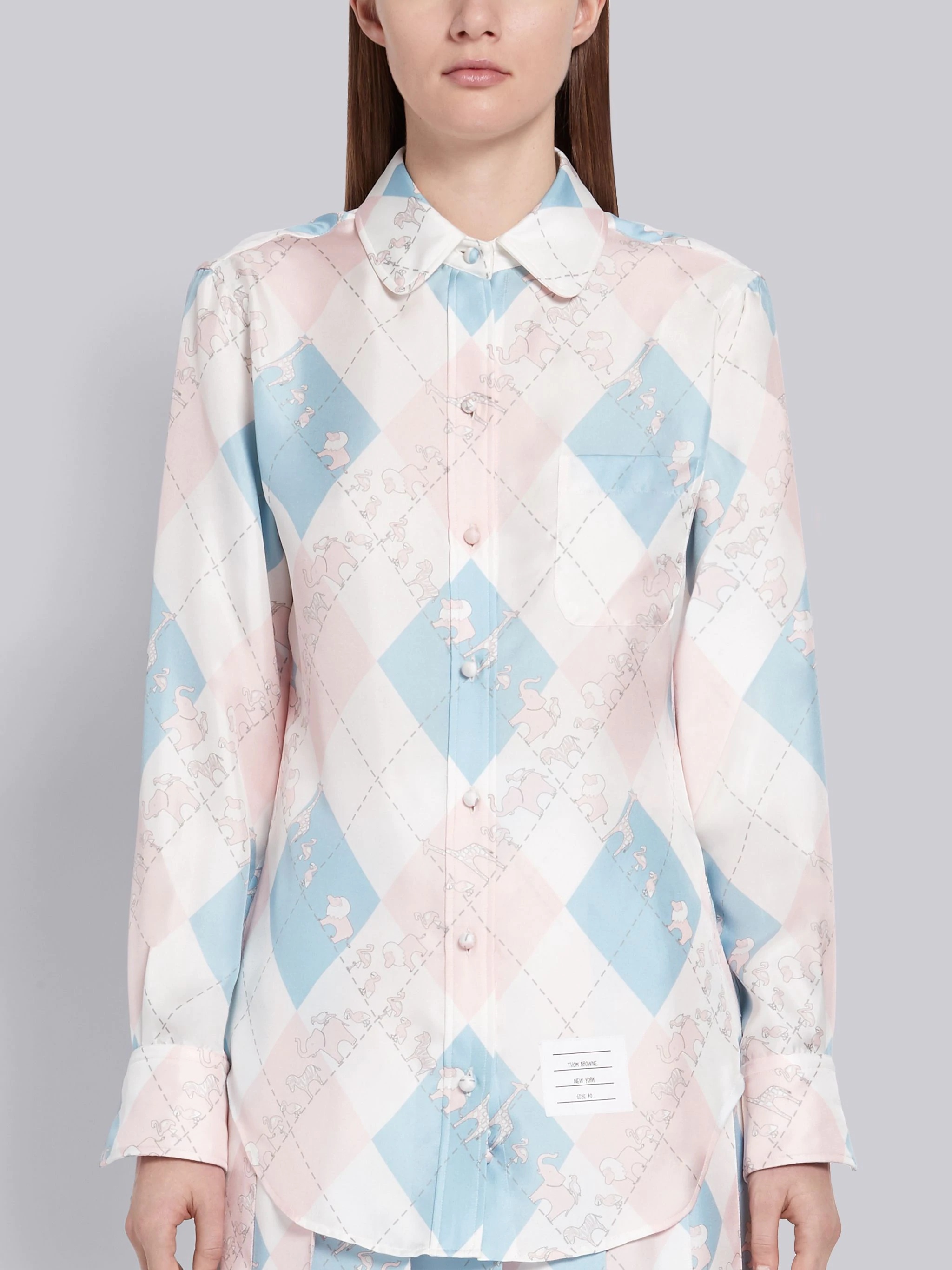 Light Blue and Pink Silk Argyle Print Animal Icon Long Sleeve Round Collar Shirt - 3