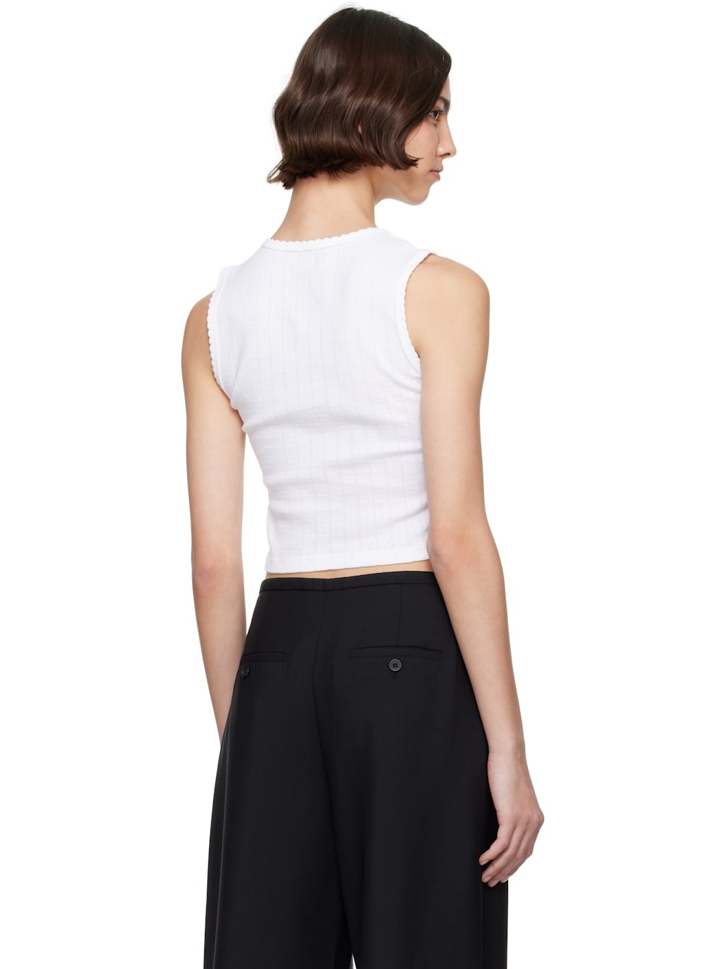 White Pointelle Sleeveless Crew Tank Top - 3