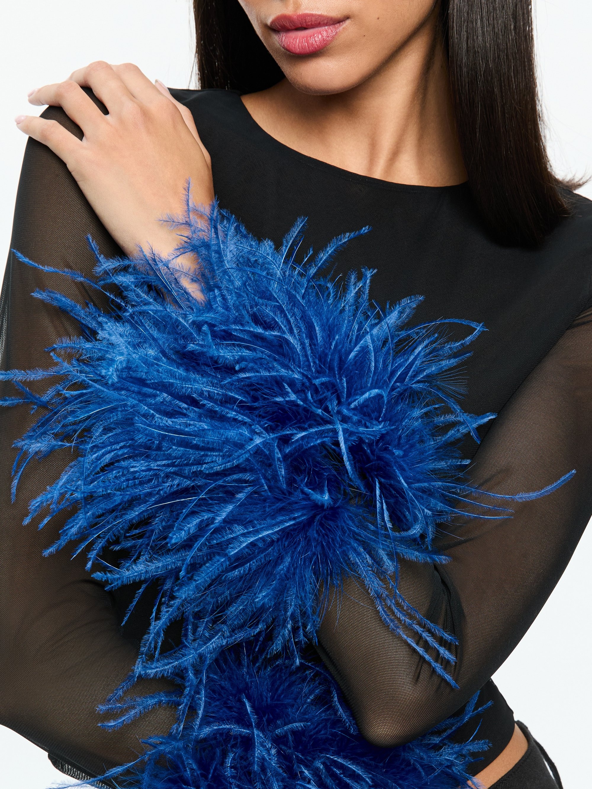 DELAINA MESH FEATHER CUFFED LONG SLEEVE TOP - 5