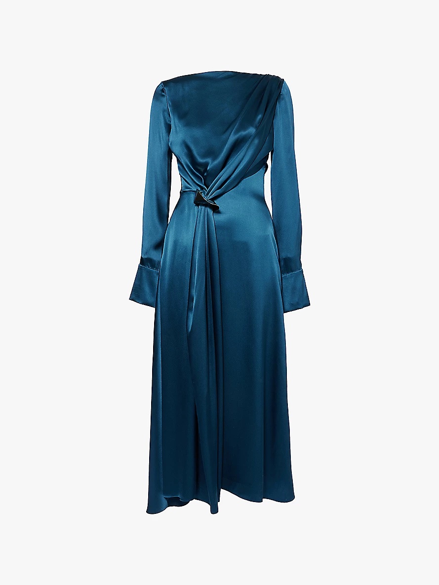 Tie-detail long-sleeve silk midi dress - 1