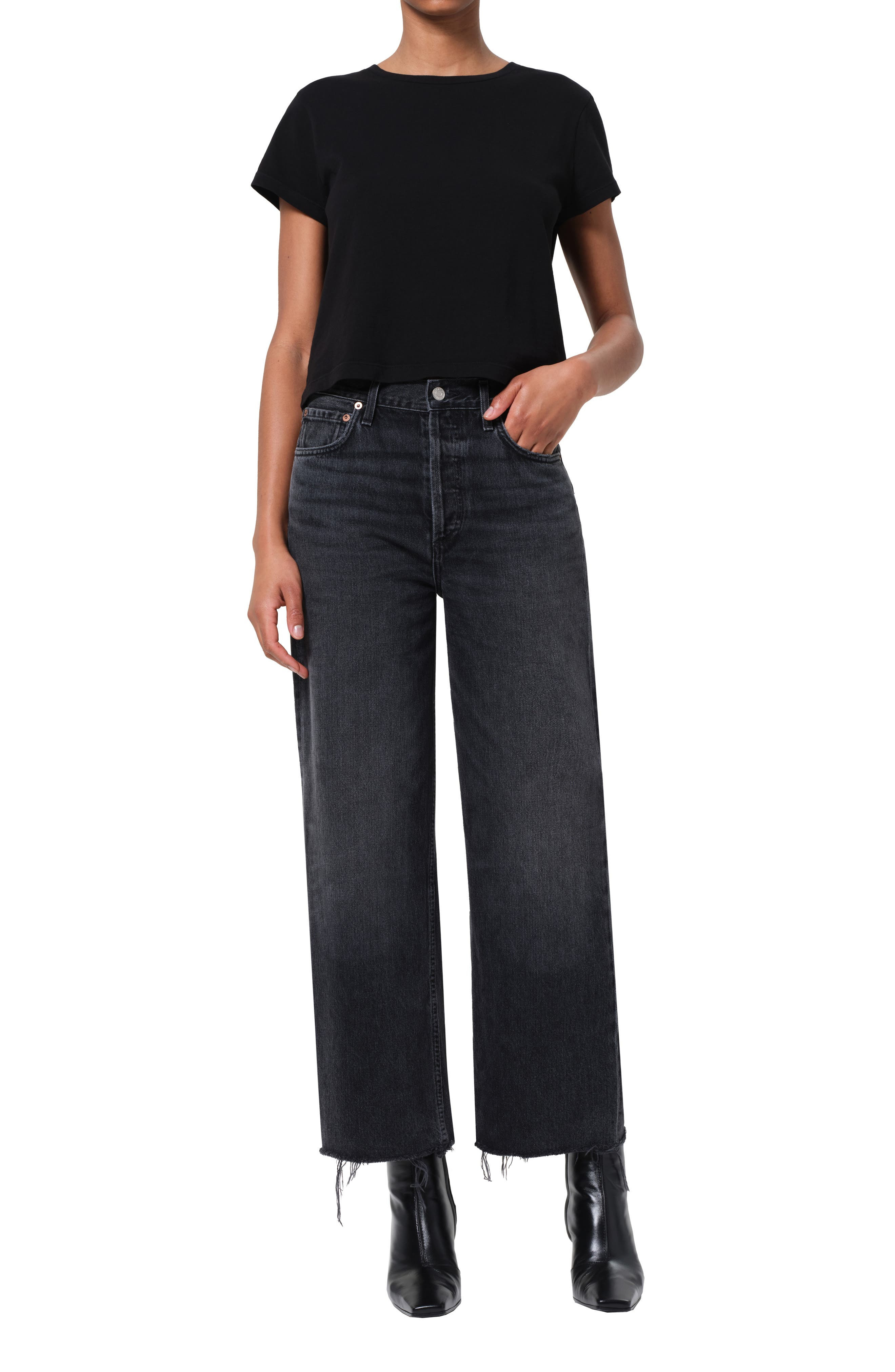 AGOLDE Ren High Waist Ankle Wide Leg Jeans in Arcane Worn Medium Black at Nordstrom - 5