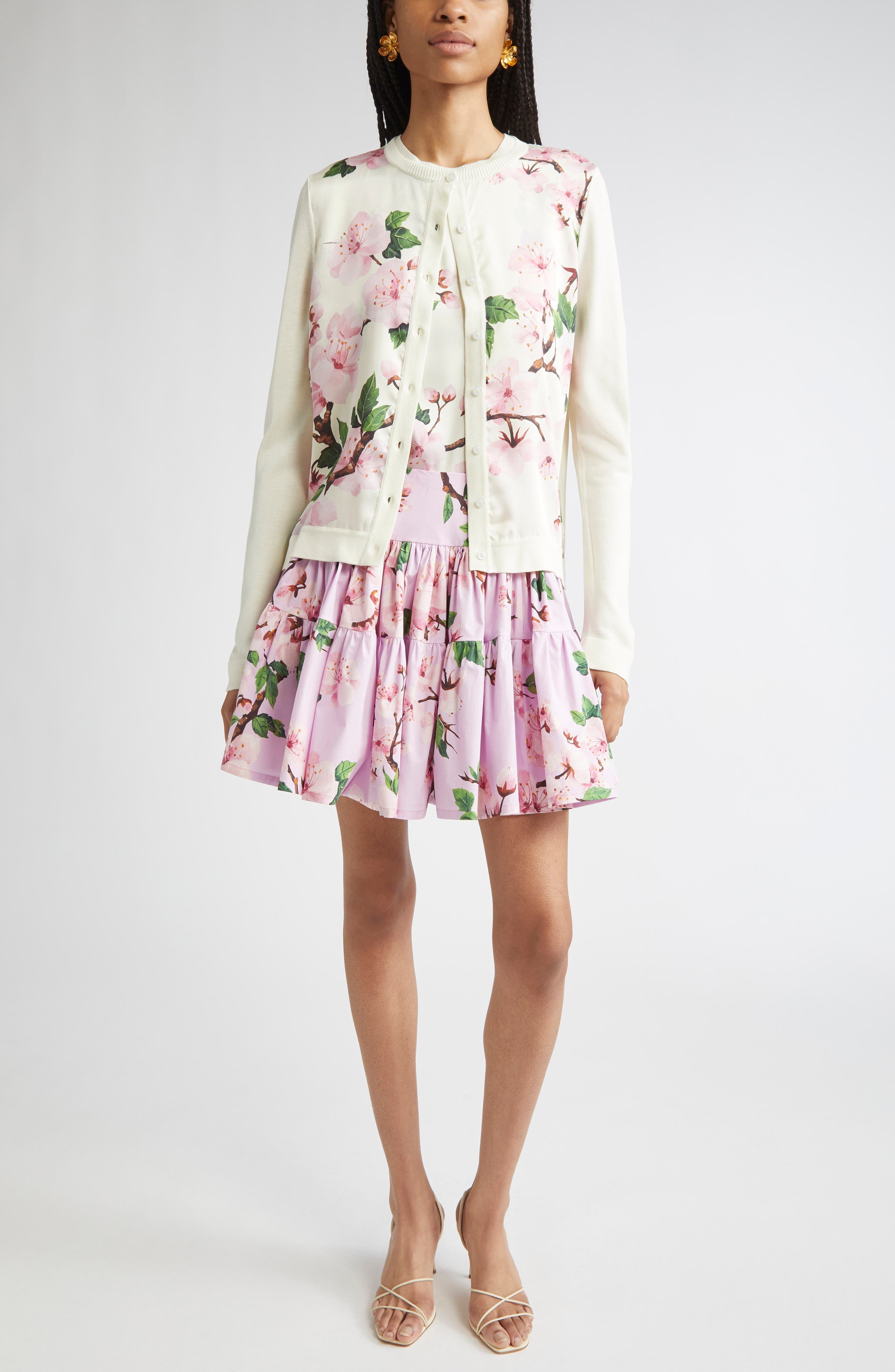 Oscar de la Renta Cherry Blossom Inset Cardigan in Pink/Ecru at Nordstrom - 2