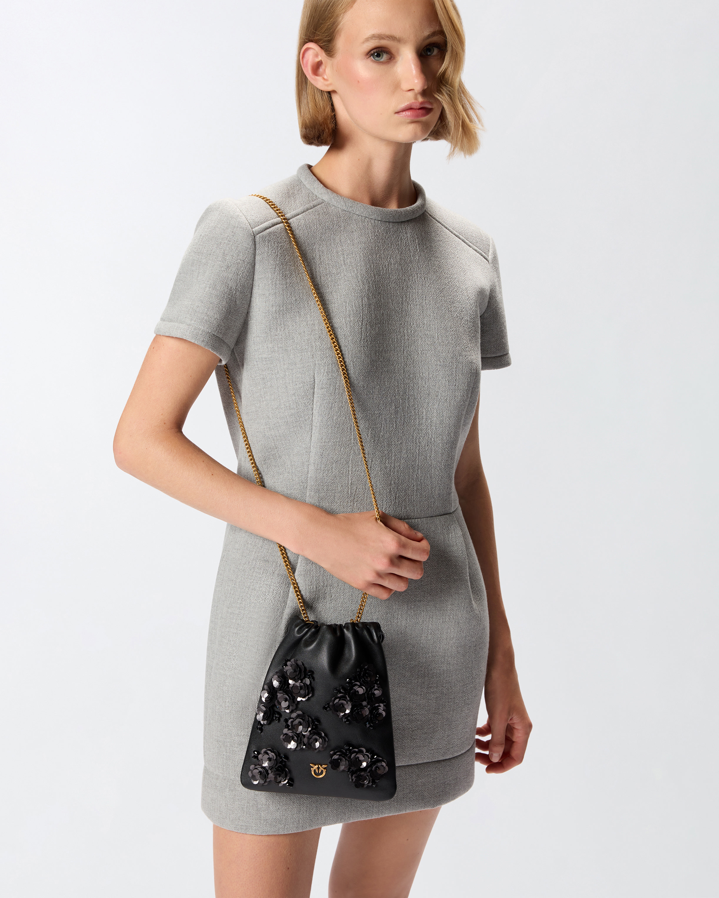 BABY SLOUCHY BAG LEATHER SHOULDER POUCH IN LEATHER WITH JEWEL FLOWERS - 6