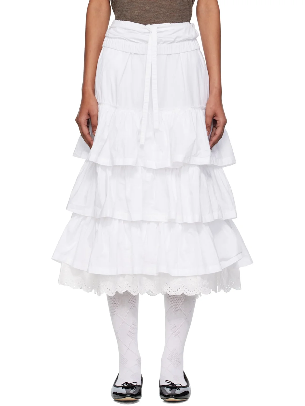 White Rolled Waist Tiered Midi Skirt - 1