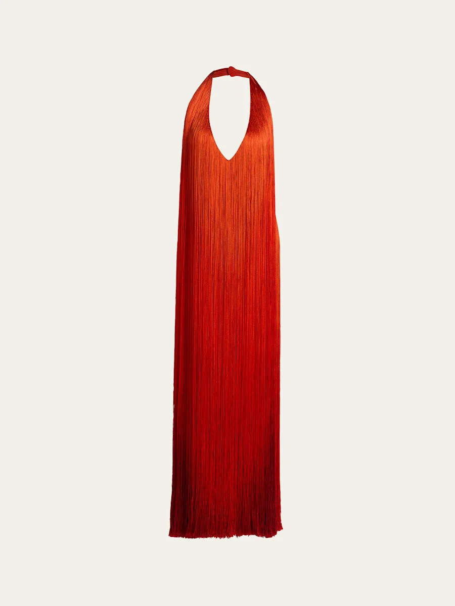 Sleeveless Fringed Plunging Halter Gown - 1