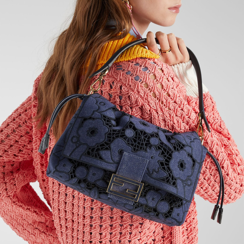 Mamma Baguette Medium Dark blue Floral À Jour denim bag 3