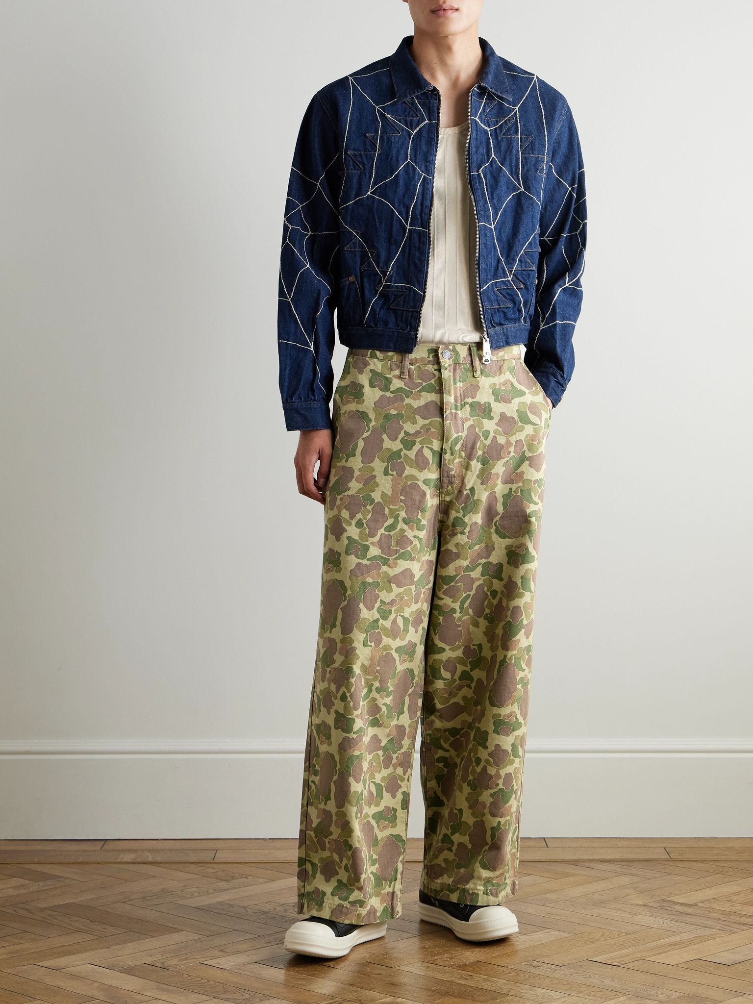 Wide-Leg Camouflage-Print Herringbone Cotton Trousers Green - 2
