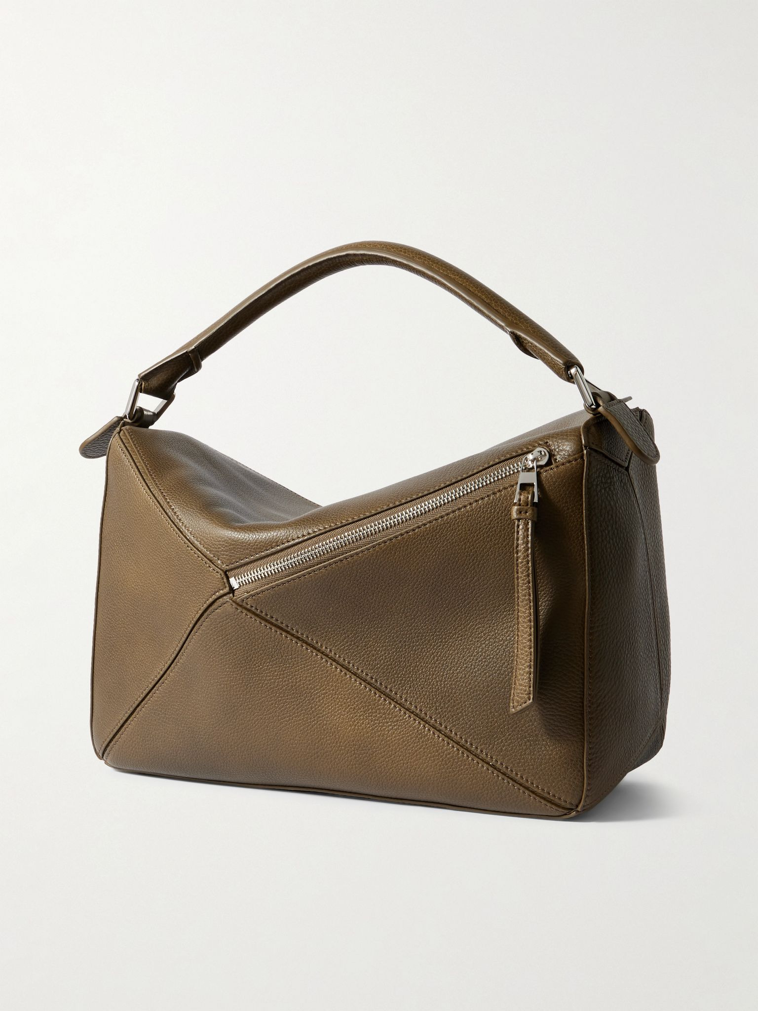 Puzzle Edge Large Logo-Debossed Full-Grain Leather Messenger Bag Beige - 3