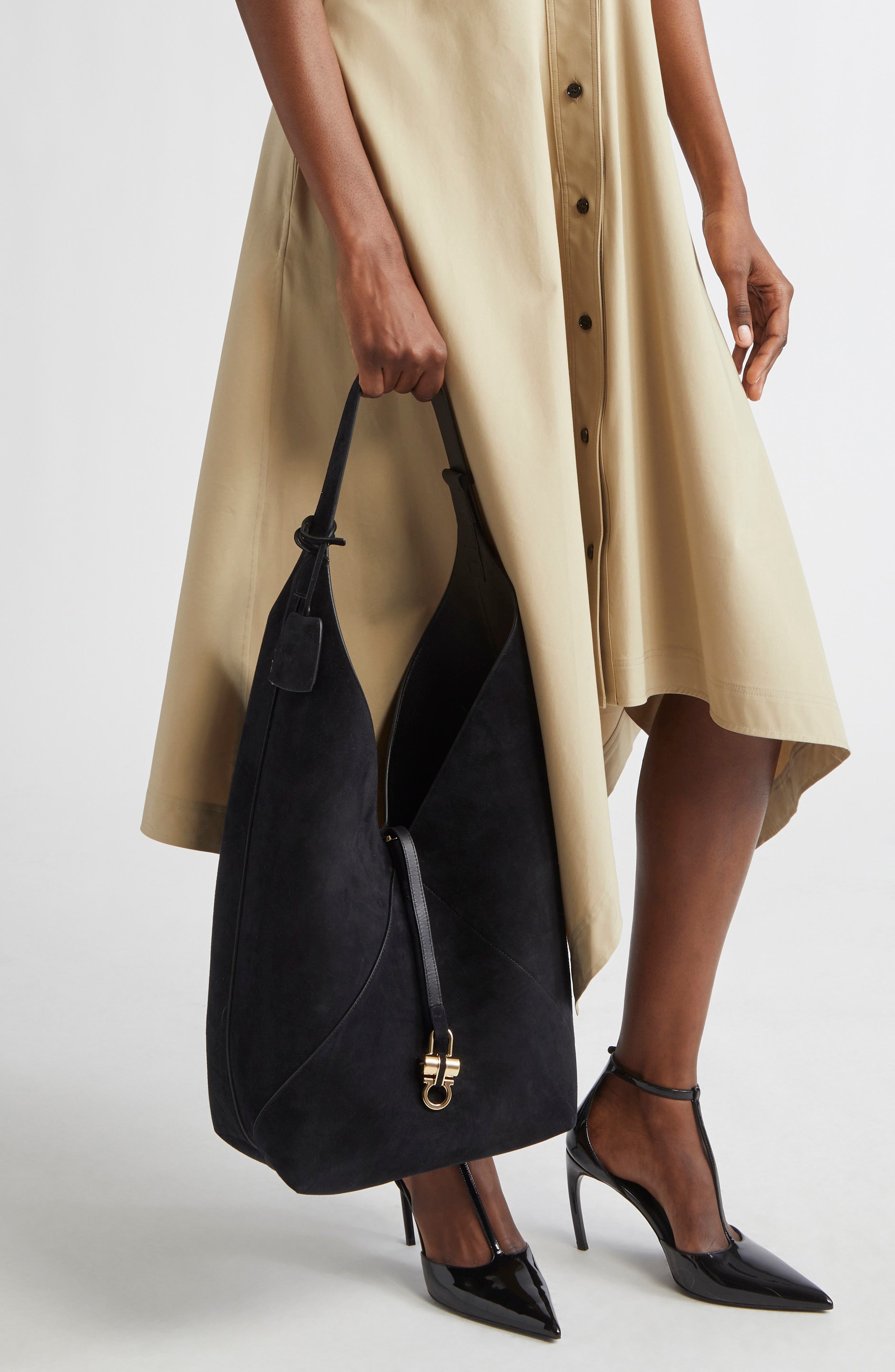 FERRAGAMO Origami Suede Hobo Bag in Nero at Nordstrom - 3