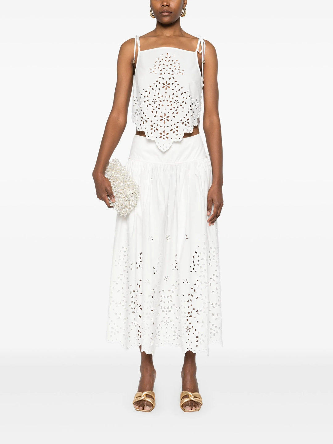 White Cotton Embroidered Midi Skirt - 2