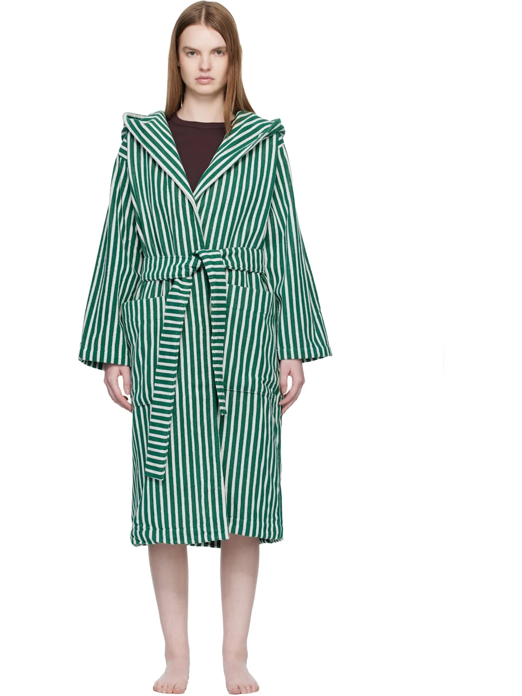 Green & White Terry Hooded Bathrobe - 1
