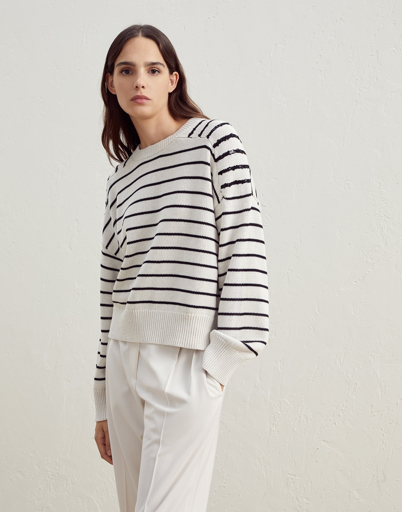 Striped cotton English rib sweater with dazzling shoulder stripes - 1