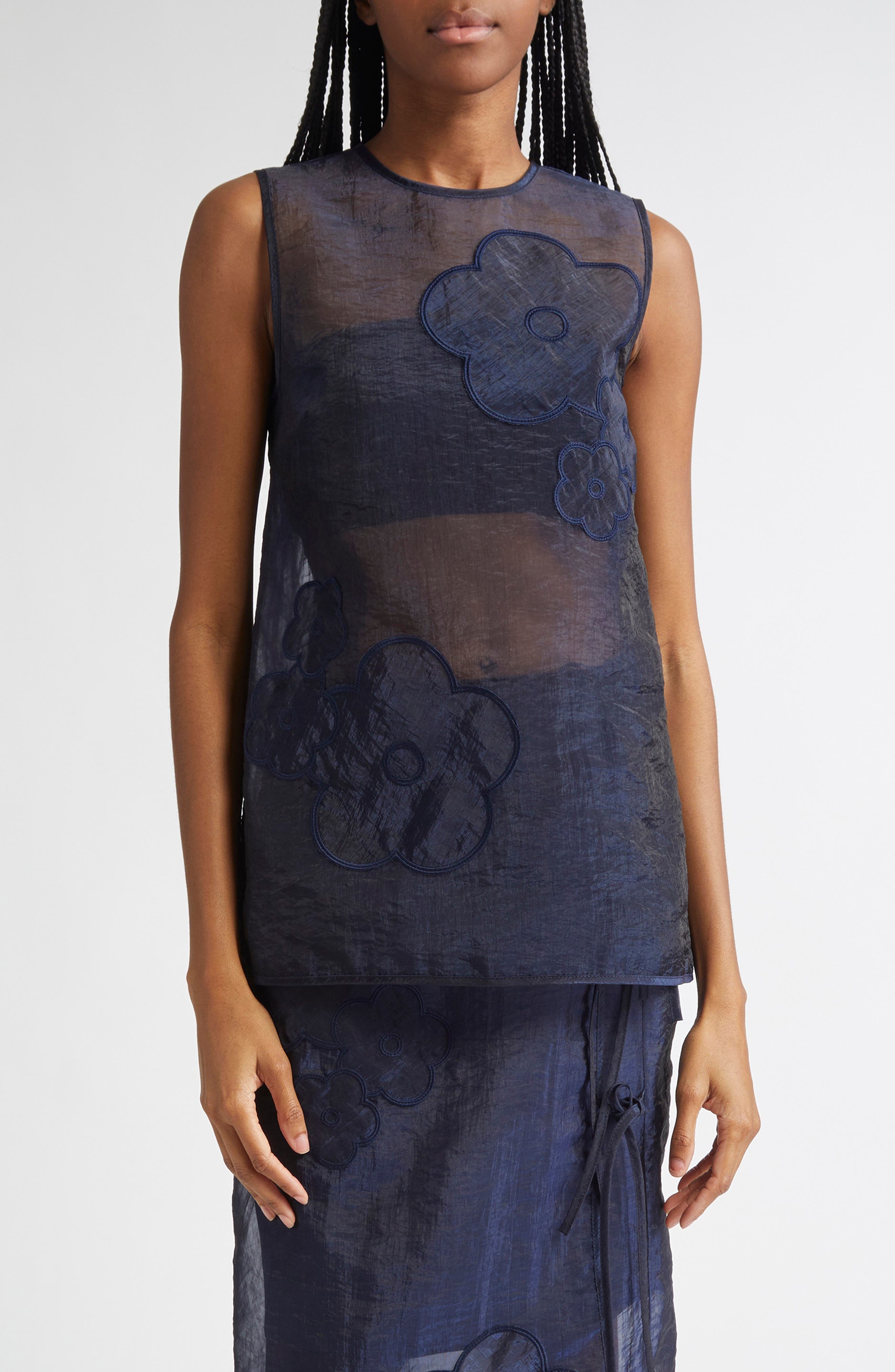 Cecilie Bahnsen Alba Floral Embroidered Top in Navy at Nordstrom - 1
