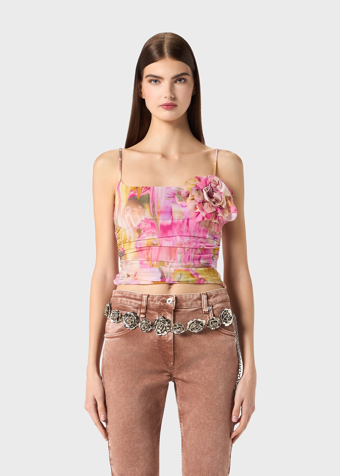 TOP IN PRINTED JERSEY WITH 3D FLOWER DECORATION - 3