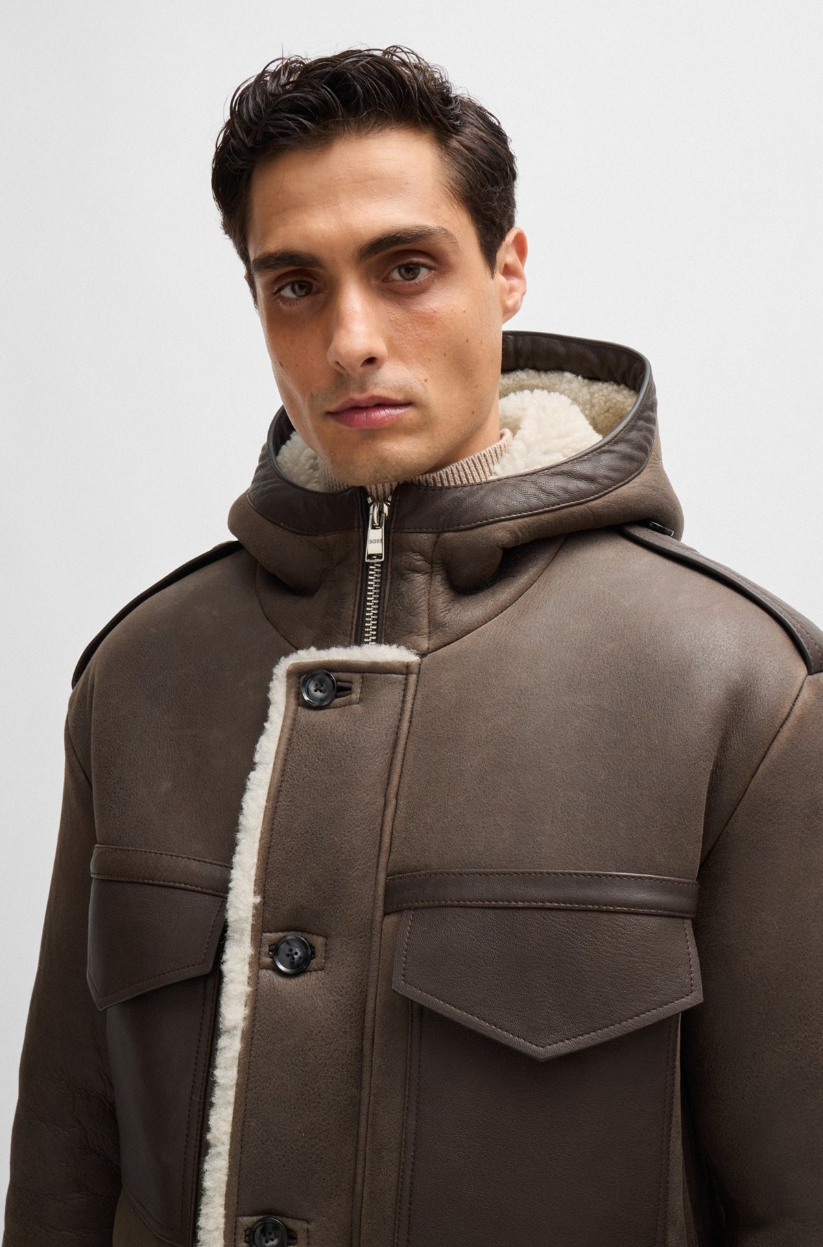 REGULAR-FIT HOODED COAT IN SHEEPSKIN WITH PATCH POCKETS - 5