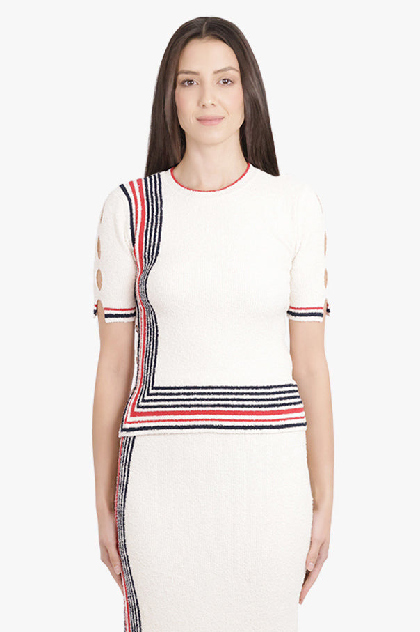 BOUCLE STRIPE DETAIL S/S KNIT TOP | CREAM/NAVY/RED - 3