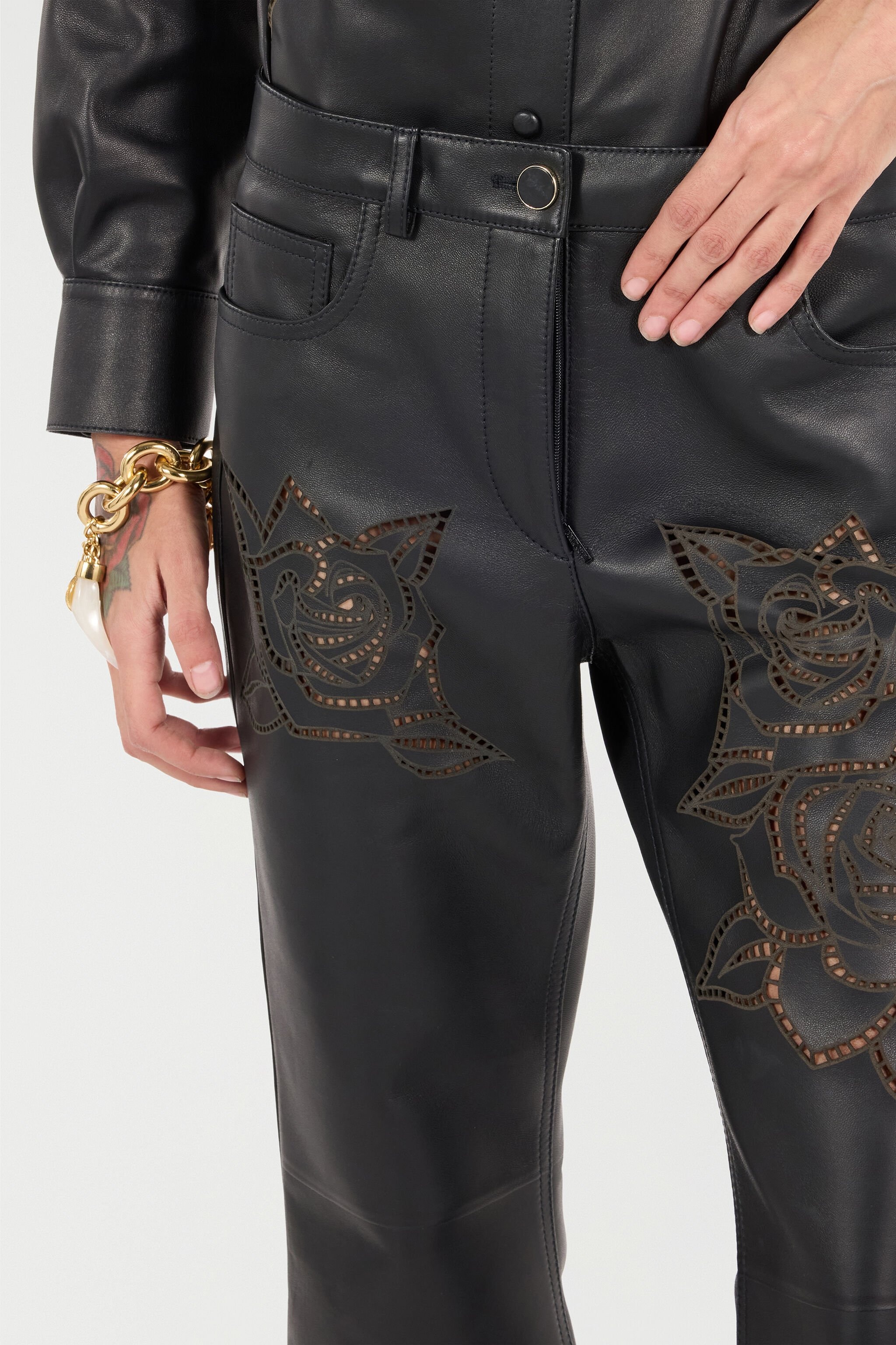 Leather Pants With Perforated Roses - 6