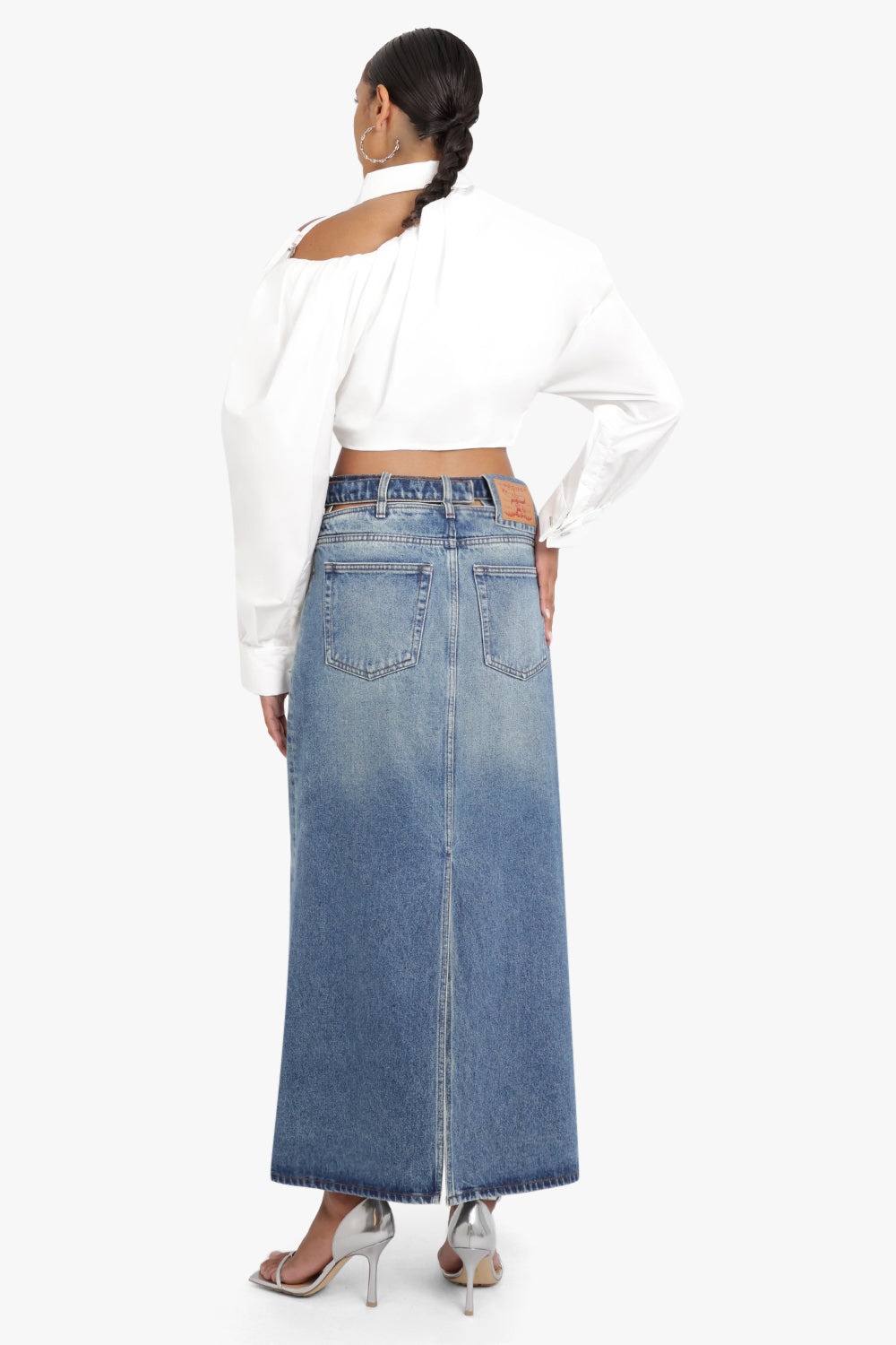 Y BELT DENIM MIDI SKIRT | EVERGREEN VINTAGE BLUE - 4