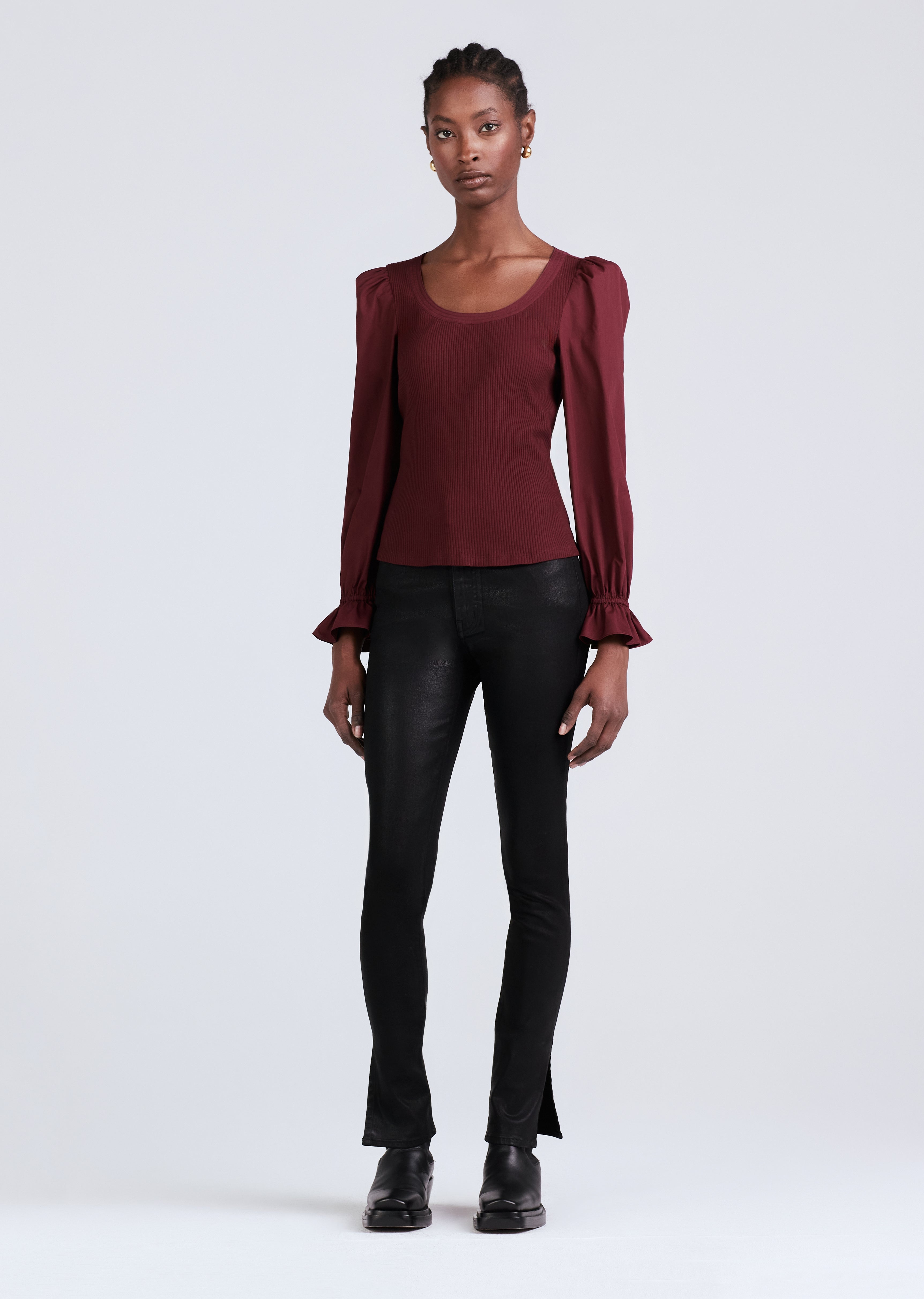 AISHAH SCOOP NECK LONG SLEEVE RIBBED TOP - 1